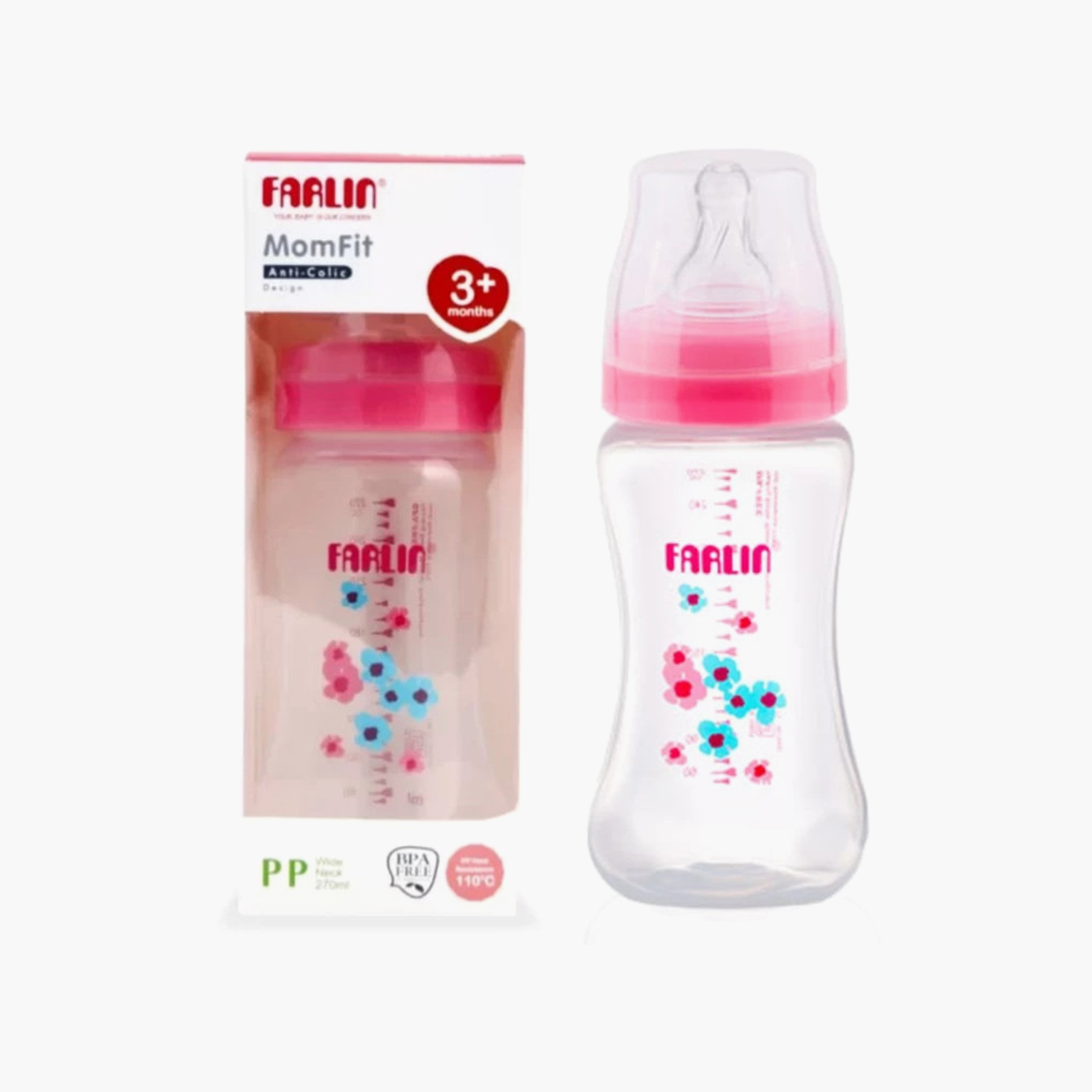 زجاجة رضاعة مضادة للمغص مع حلمة وغطاء - 270 مل - وردي من فارلين-baby-feeding-feedingbottles-bottlesandteats-image-2