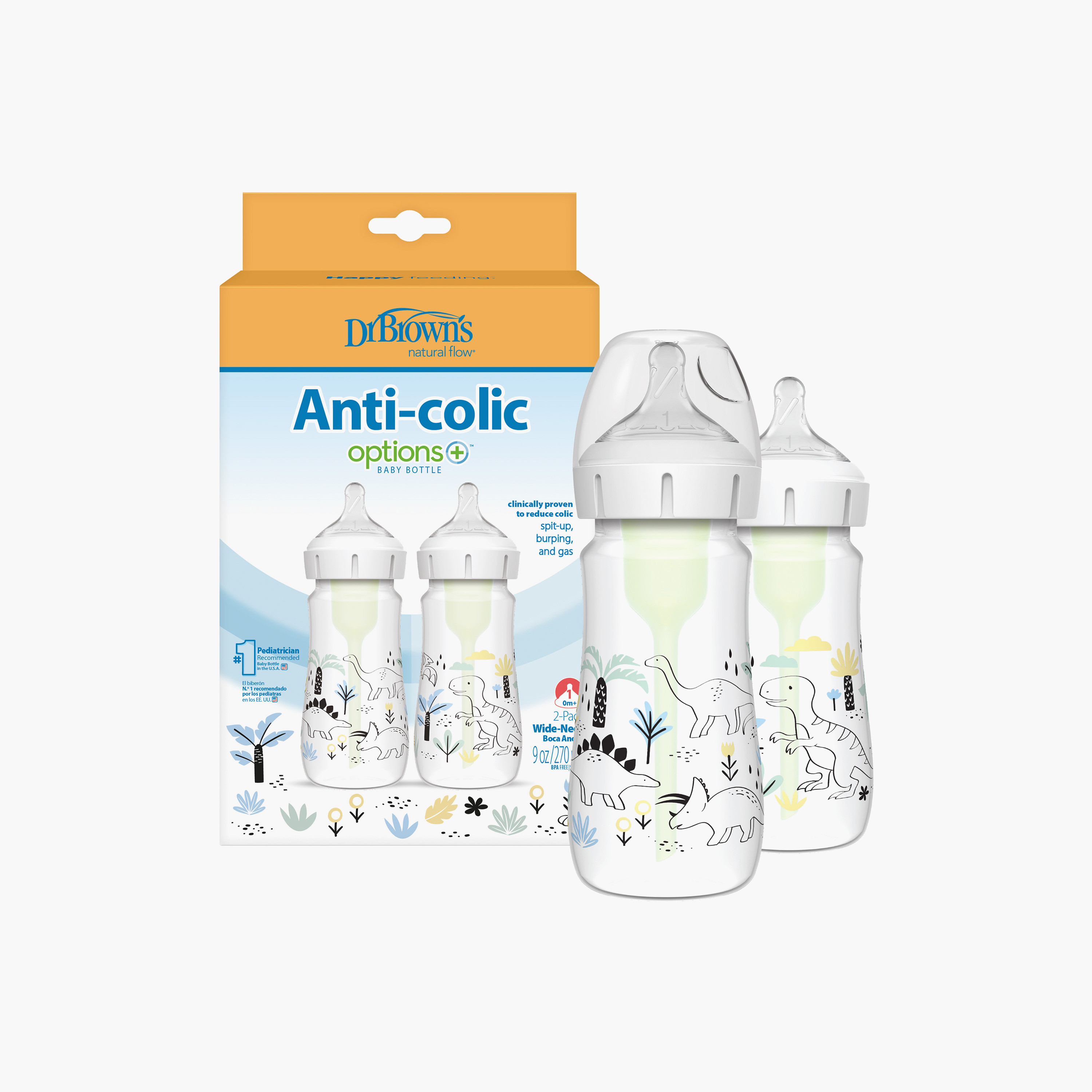 Dr. Brown's 2-Piece Dinosaur Anti-Colic Options+ Feeding Bottles with Teat & Cover - 270 ml-baby-feeding-feedingbottles-bottlesandteats-image-2