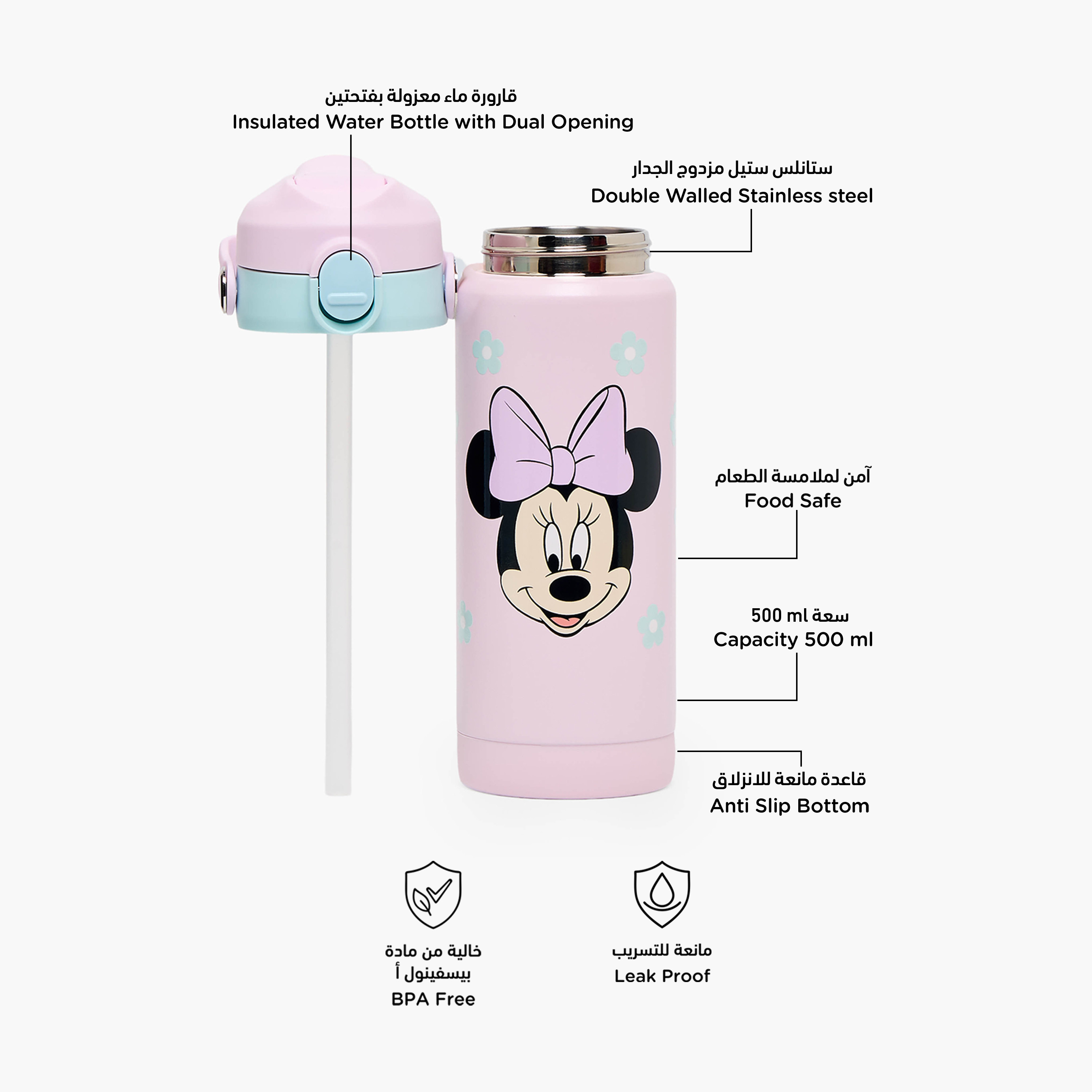 Disney Minnie Mouse Print Stainless Steel Water Bottle with Flip Spout and Handle-school-waterbottles-image-2
