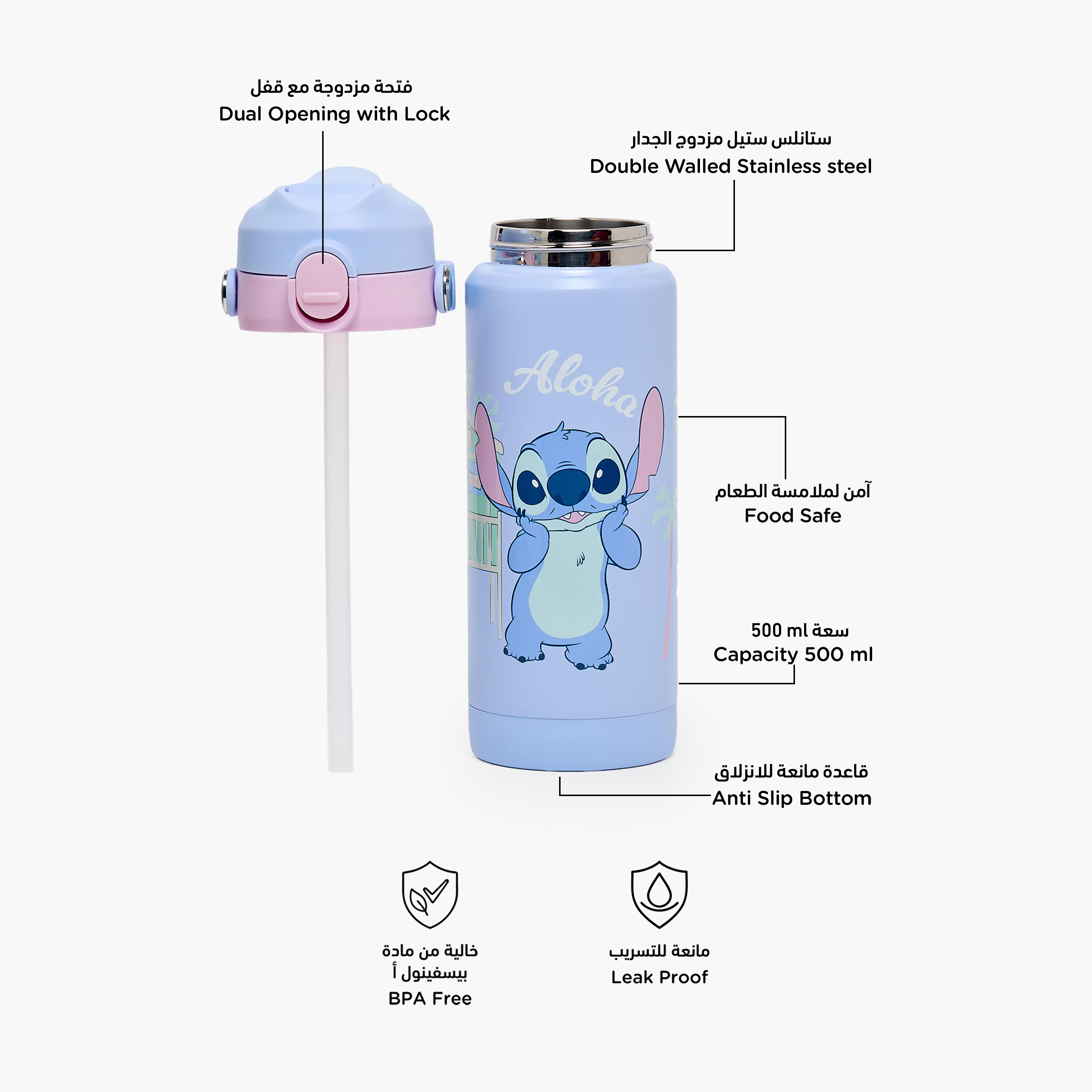 Disney Stitch Print Stainless Steel Water Bottle with Flip Spout and Handle-school-waterbottles-image-2