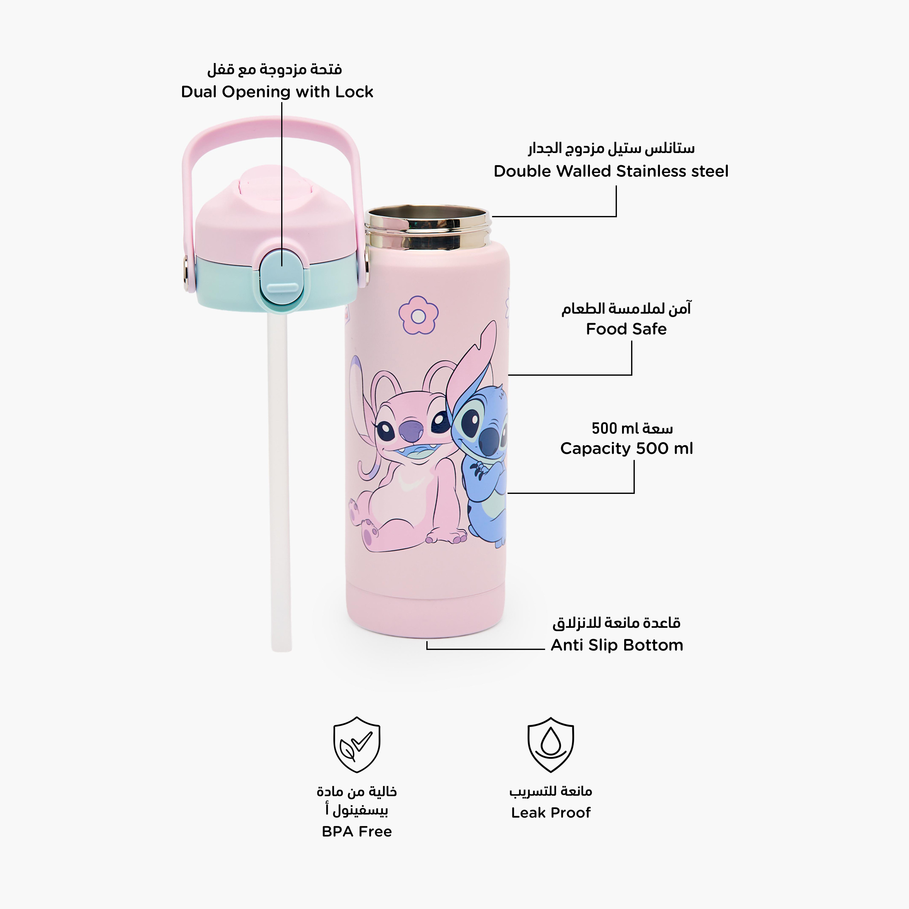 قارورة مياه ستانلس ستيل بفوهة قلابة ومقبض وطبعات من ديزني-school-waterbottles-image-2