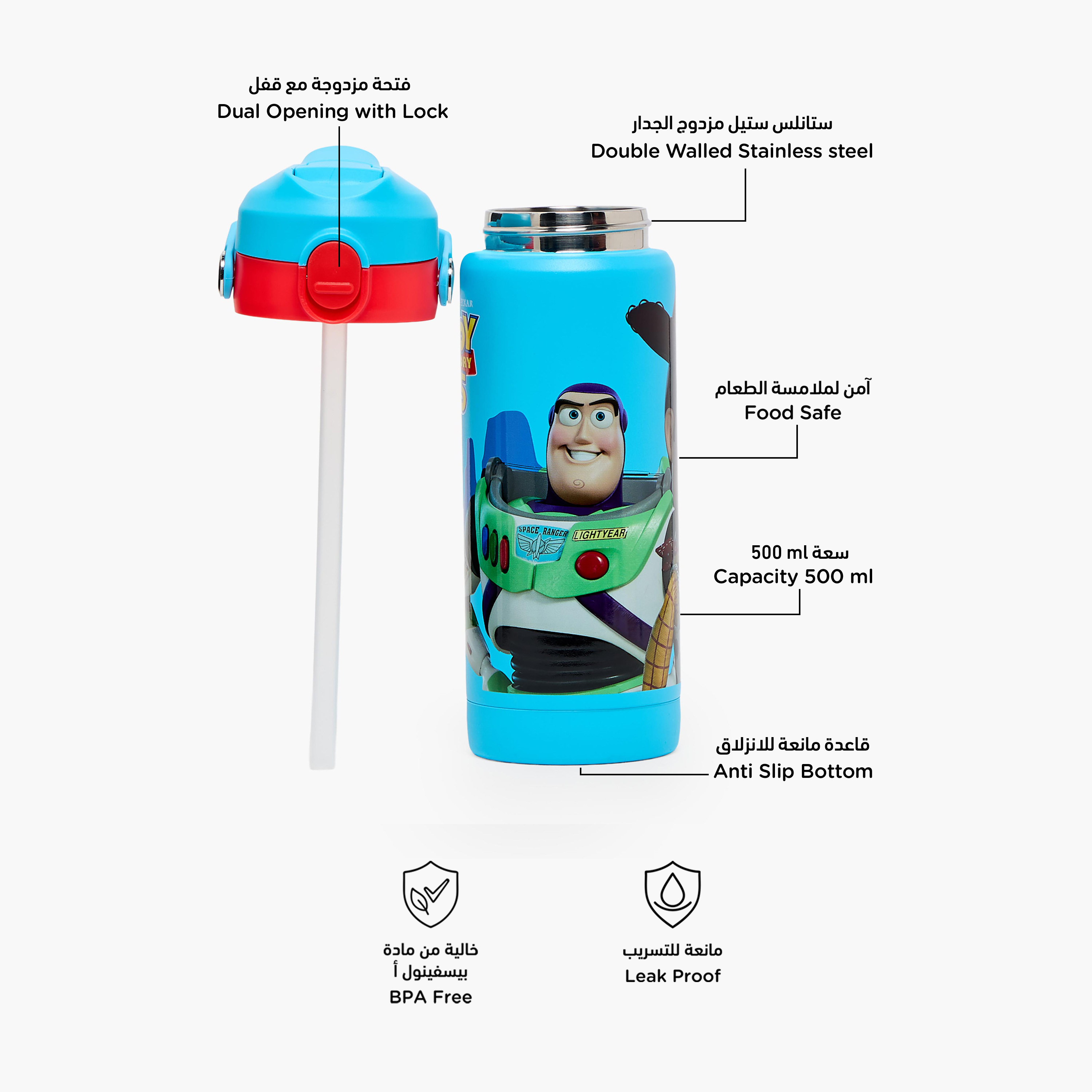 Disney Toy Story Print Stainless Steel Water Bottle with Flip Spout and Handle-school-waterbottles-image-2