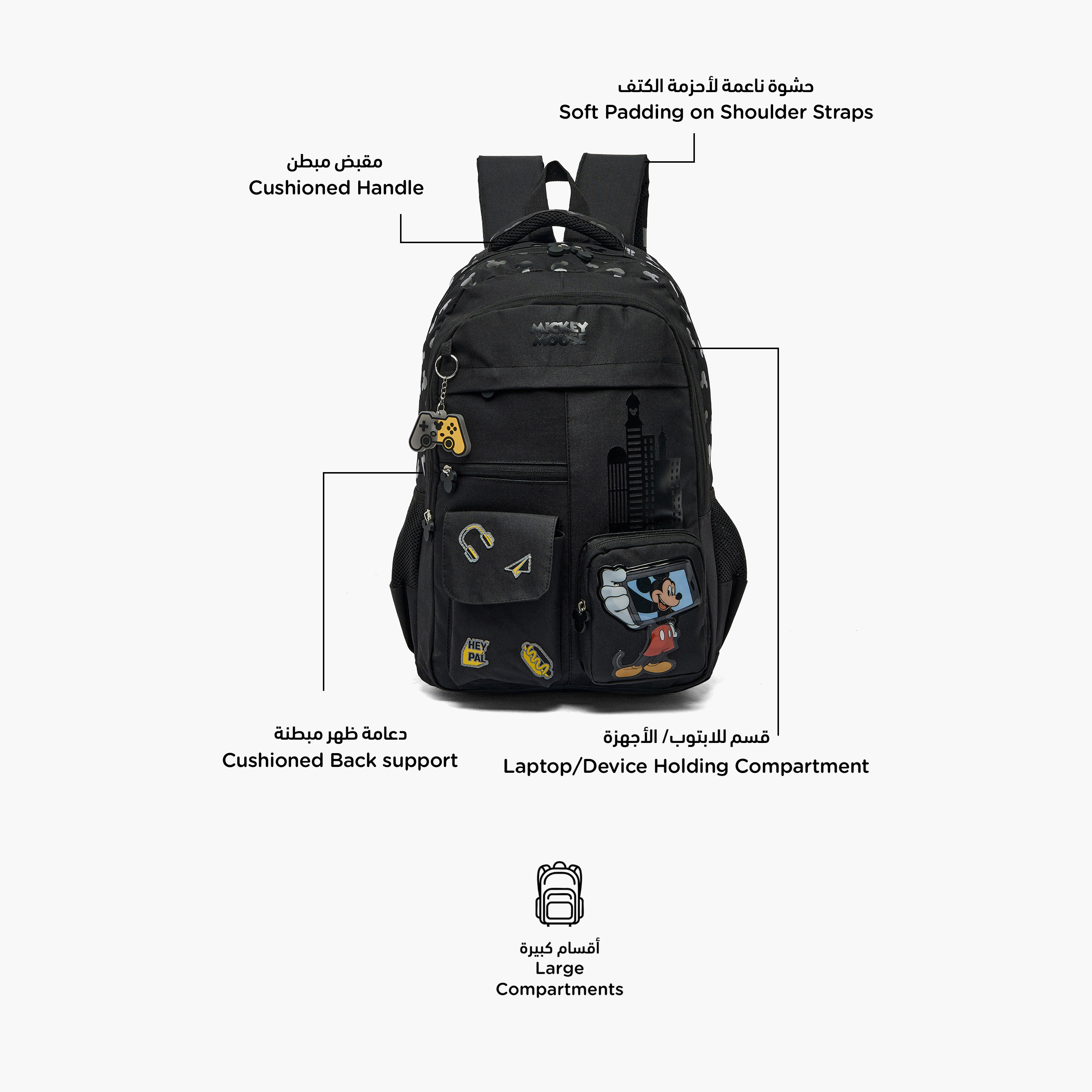 Disney Mickey Mouse Print Backpack for Boys 5-8 Years with Laptop Compartment - 16 inches-school-bagsandbackpacks-backpacks-image-2