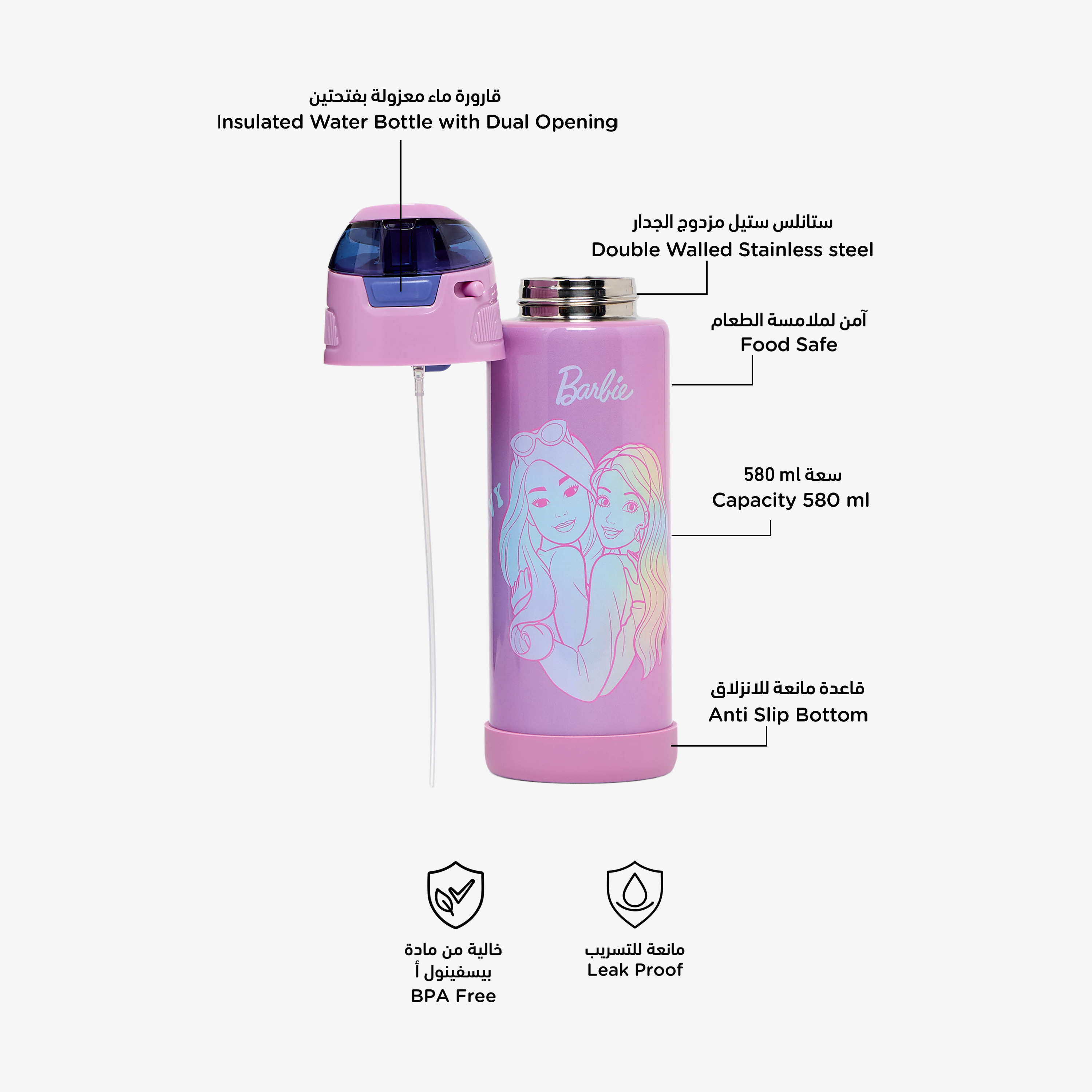 قارورة مياه ستانلس ستيل بفوهة ومقبض وطبعات باربي-school-waterbottles-image-2