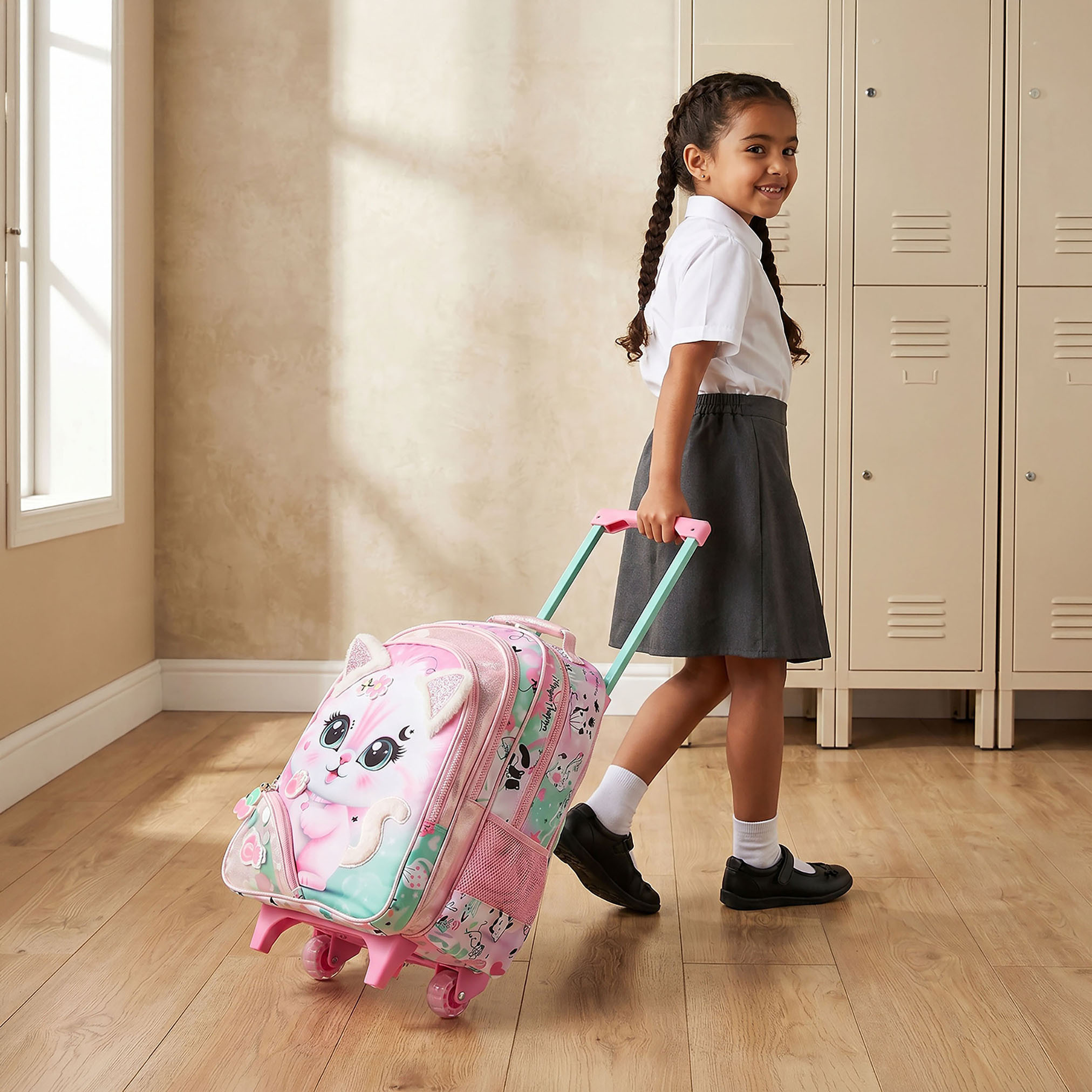 Juniors Cat Print Trolley Bag for Girls 5-8 Years with Durable Wheels - 16 inches-school-bagsandbackpacks-trolleybags-image-3