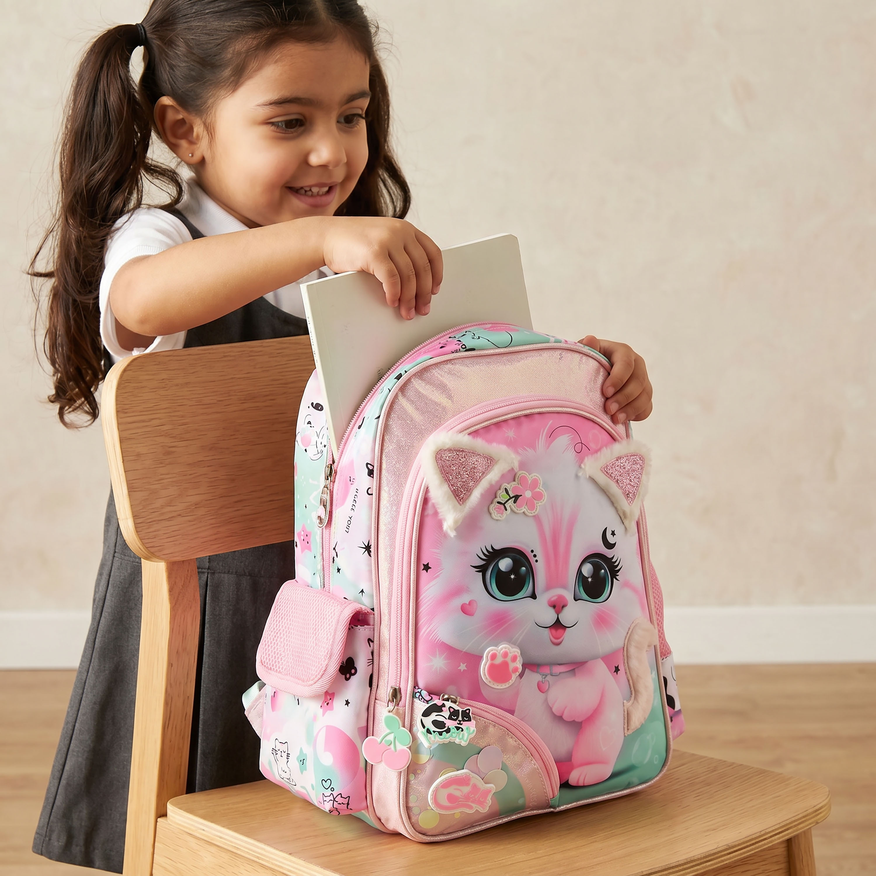 Juniors Cat Print Backpack for Girls 3-5 Years with Laptop Compartment - 14 inches-school-bagsandbackpacks-backpacks-image-3