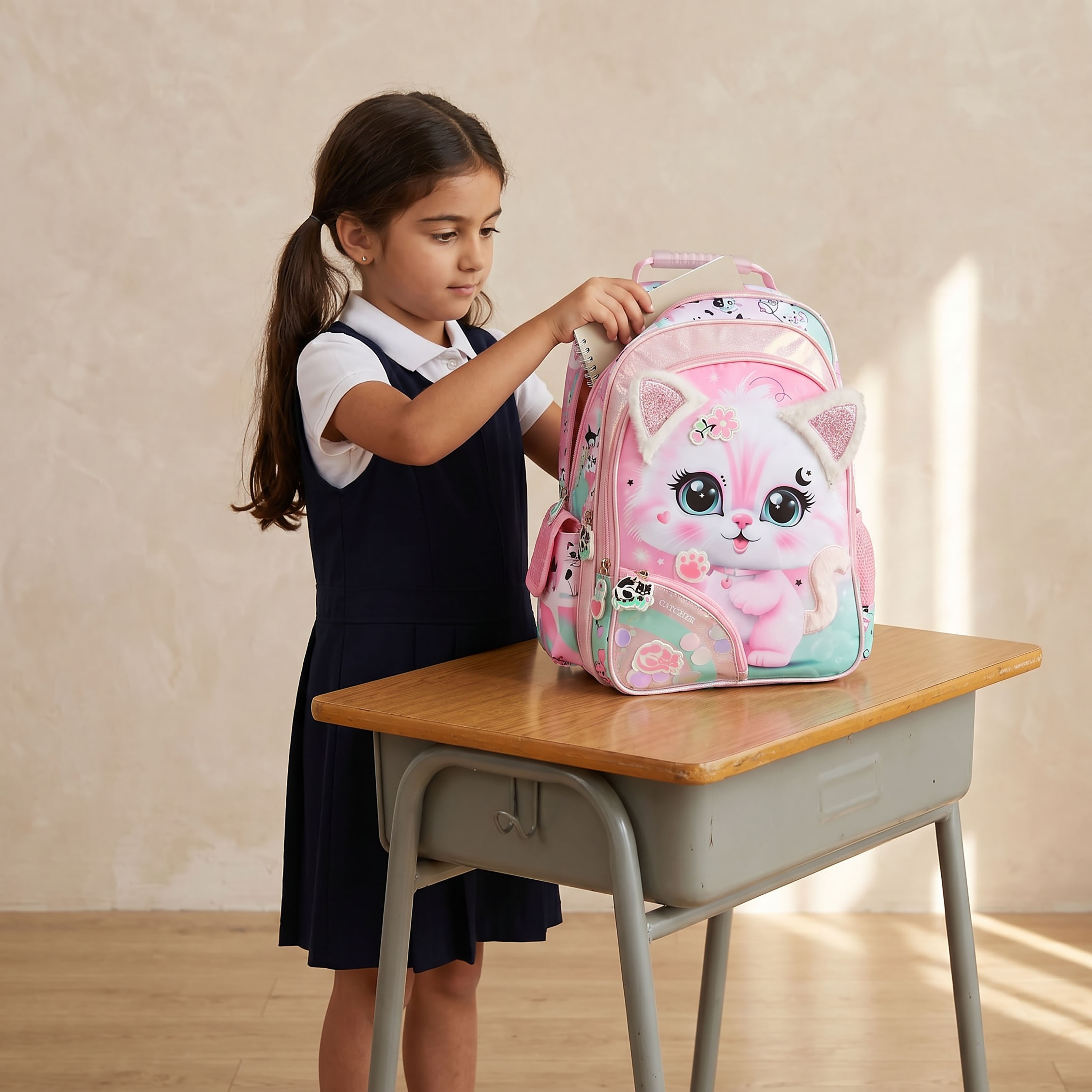 Juniors Cat Print Backpack for Girls 5-8 Years with Laptop Compartment - 16 inches-school-bagsandbackpacks-backpacks-image-3