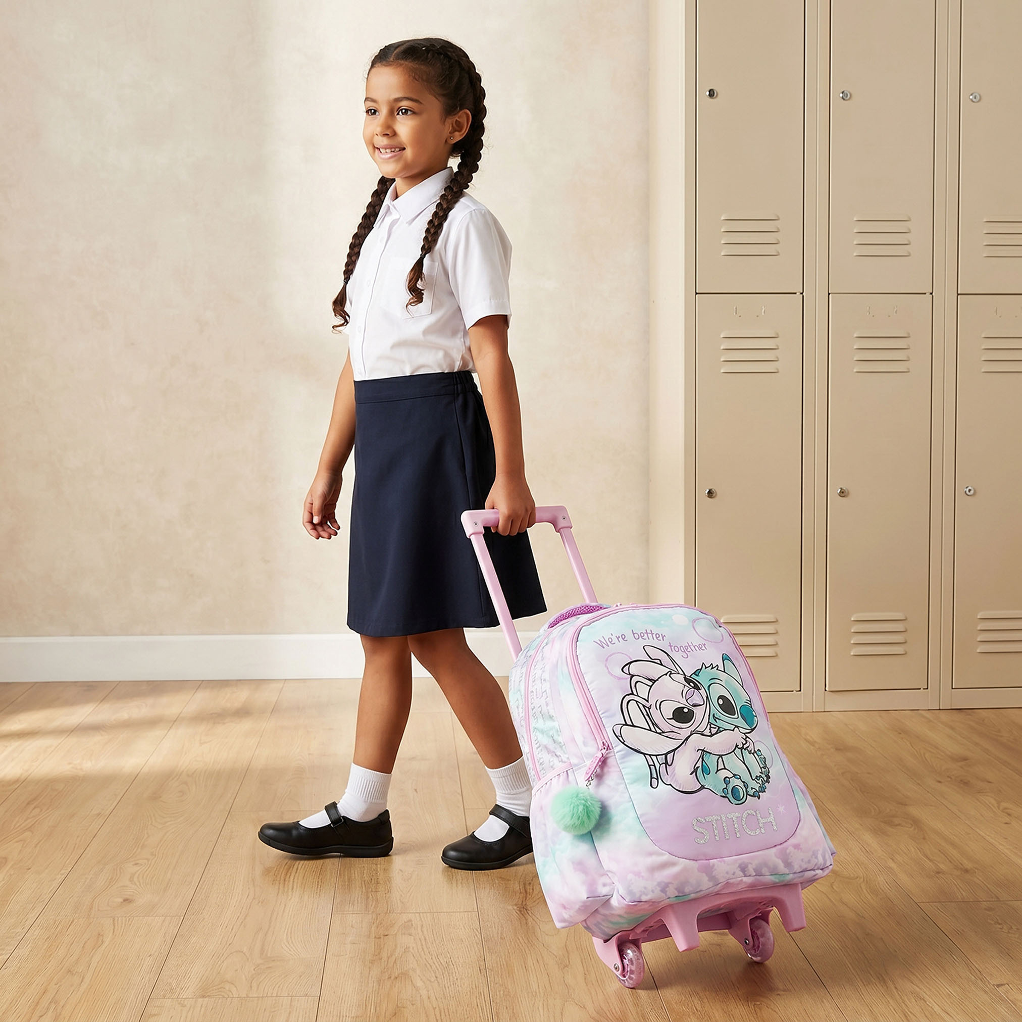 Disney Stitch Print Trolley Backpack for Girls 5-8 Years with Retractable Handle - 15.6 inch-school-bagsandbackpacks-trolleybags-image-3