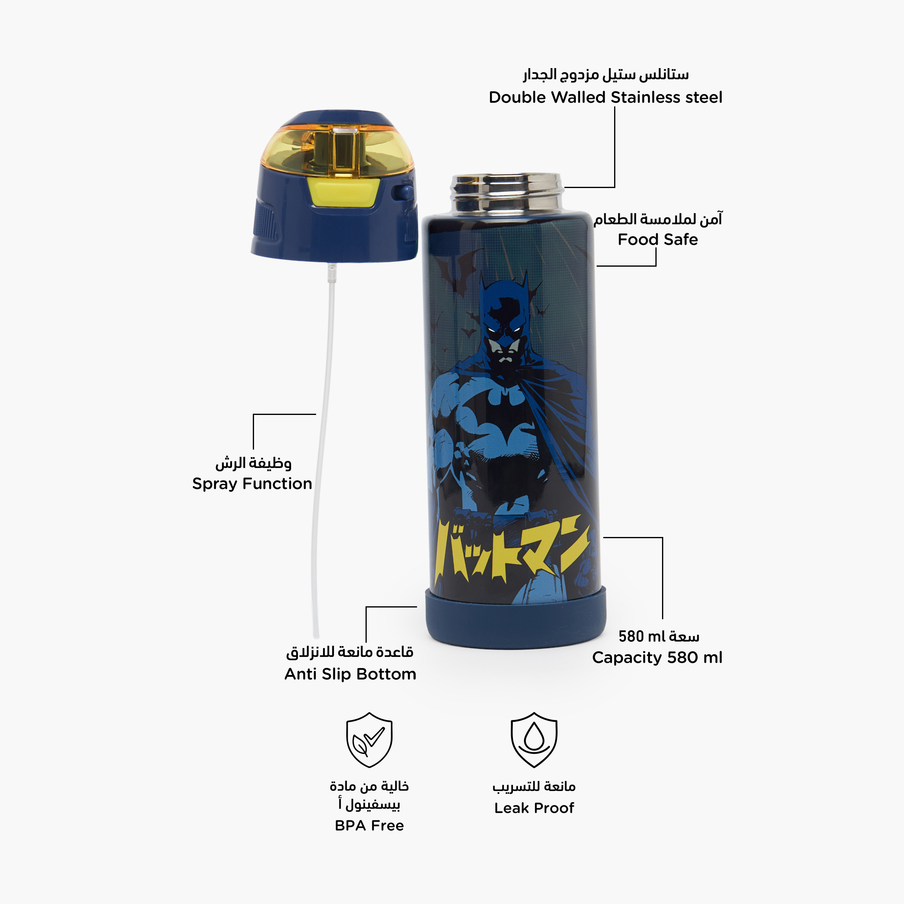 Batman Print Stainless Steel Water Bottle with Spout and Handle-school-waterbottles-image-2