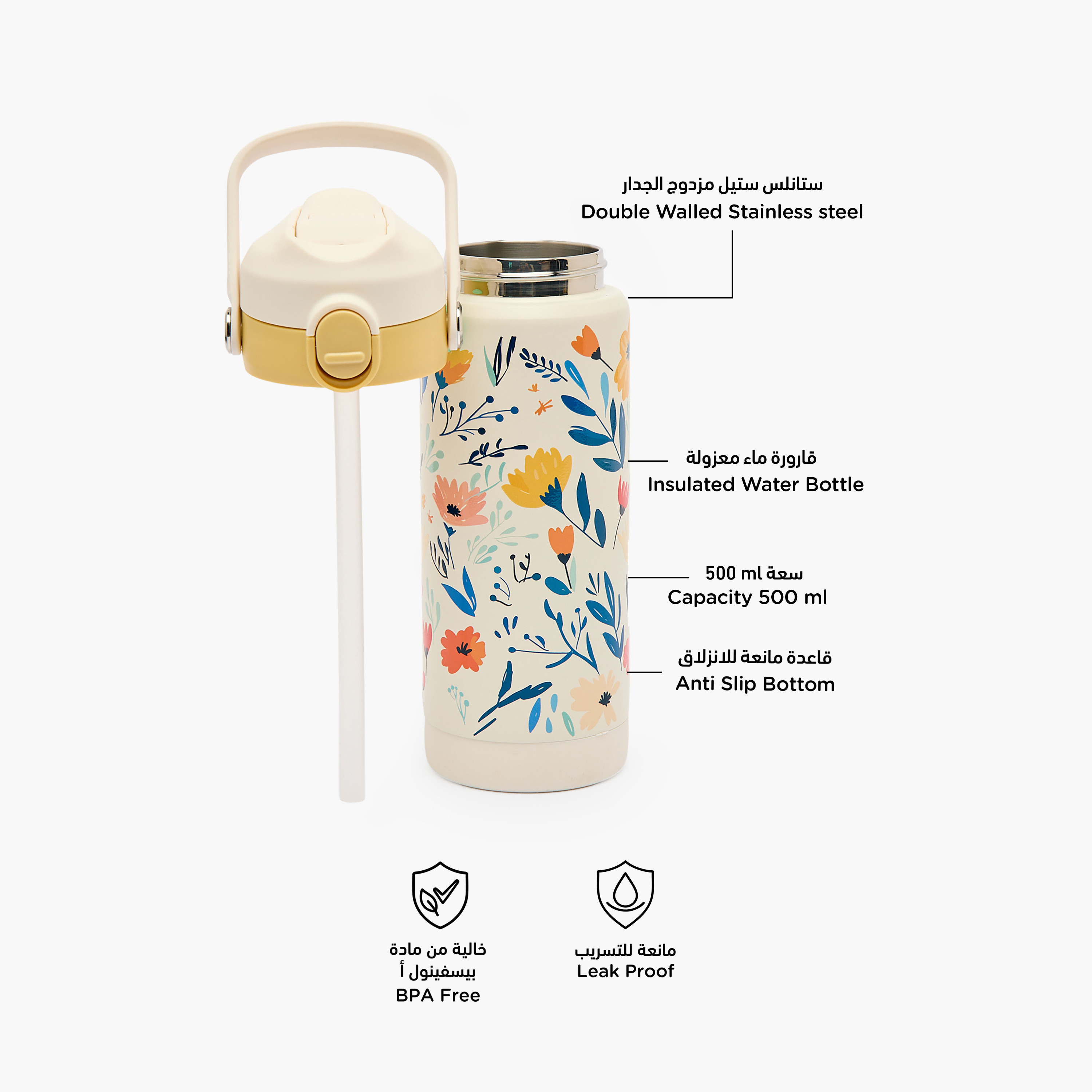 Juniors Floral Print Stainless Steel Water Bottle with Spout and Straw-school-waterbottles-image-2