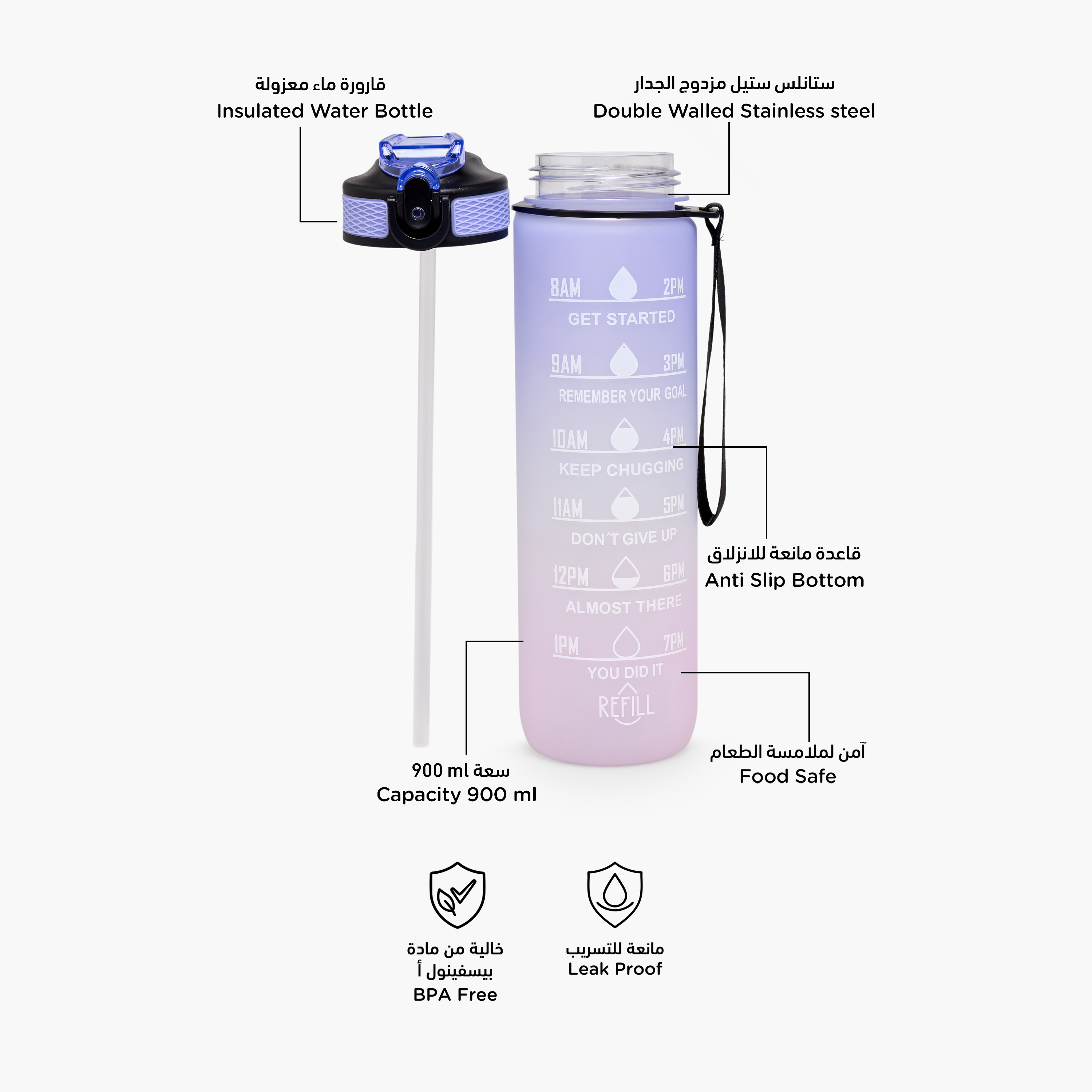 Juniors Time Marker Print Water Bottle with Spout and Push Button Lid - 900 ml-school-waterbottles-image-2