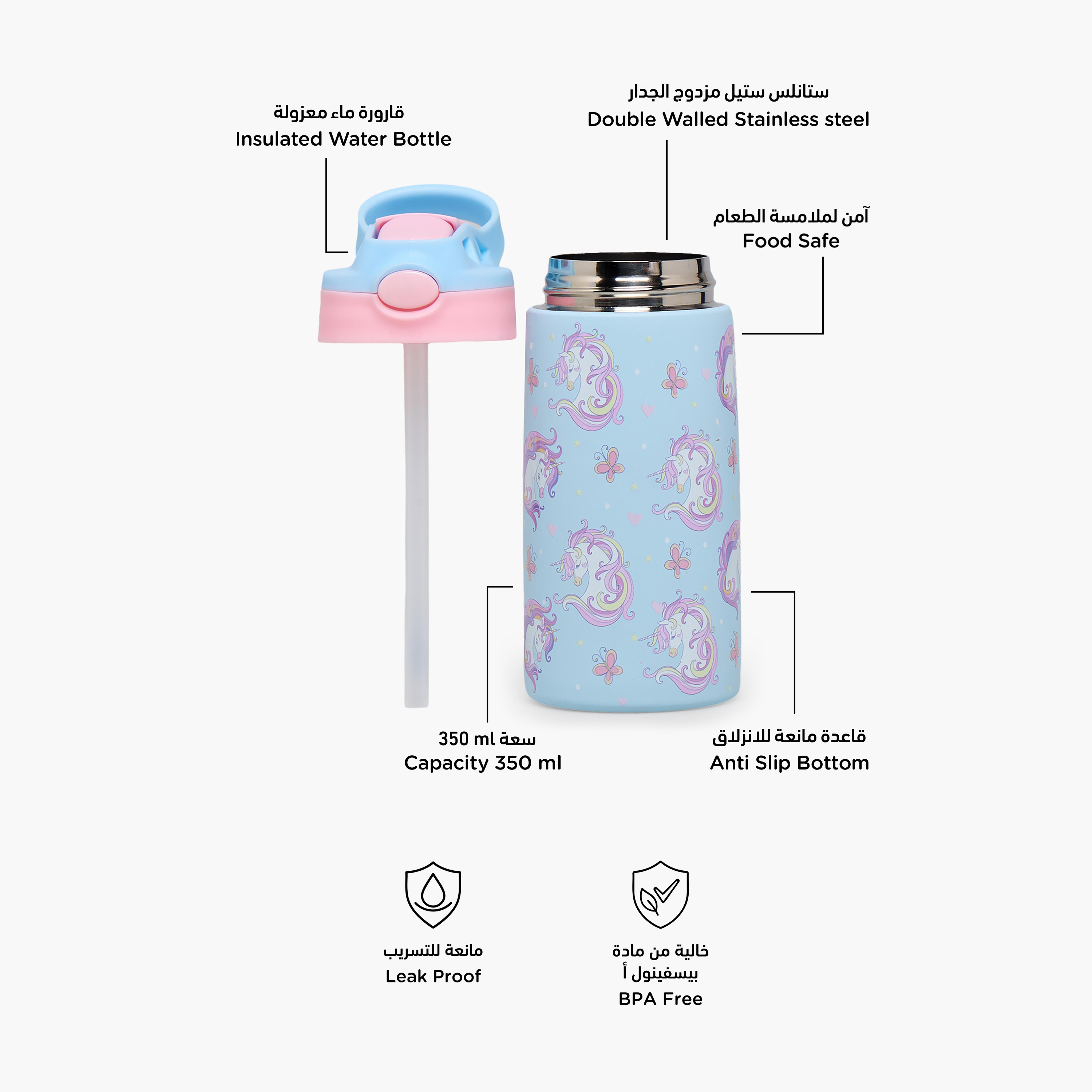 Juniors Unicorn Print Stainless Steel Water Bottle with Flip Spout and Handle-school-waterbottles-image-2
