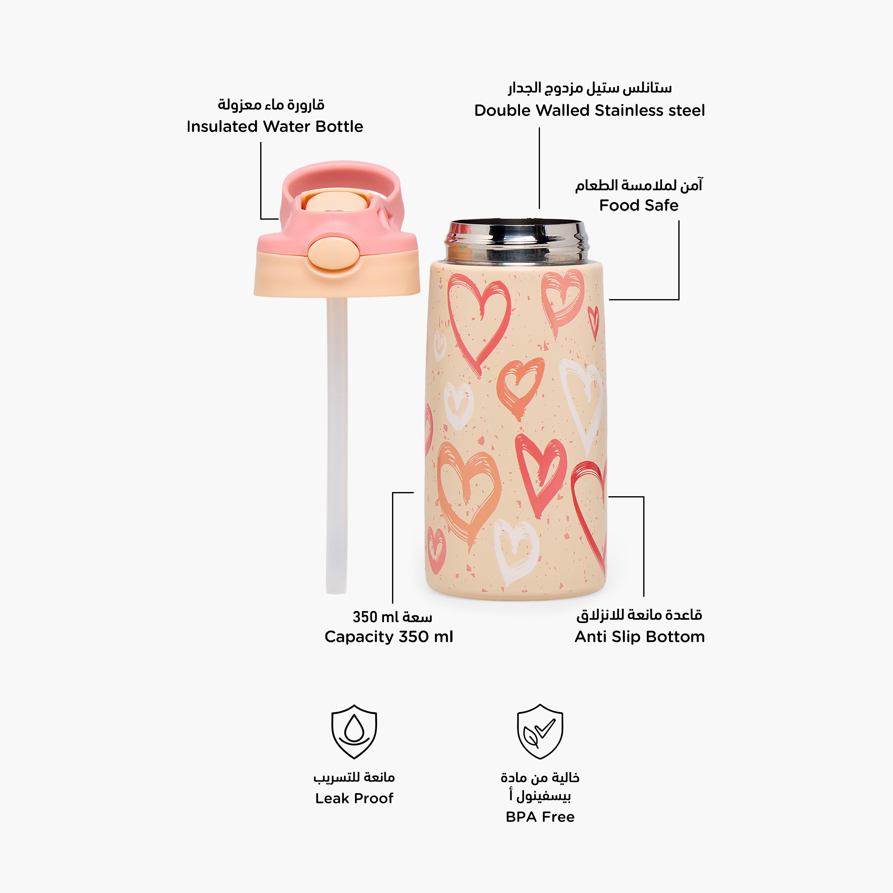 Juniors Heart Print Stainless Steel Water Bottle with Flip Spout and Handle-school-waterbottles-image-2