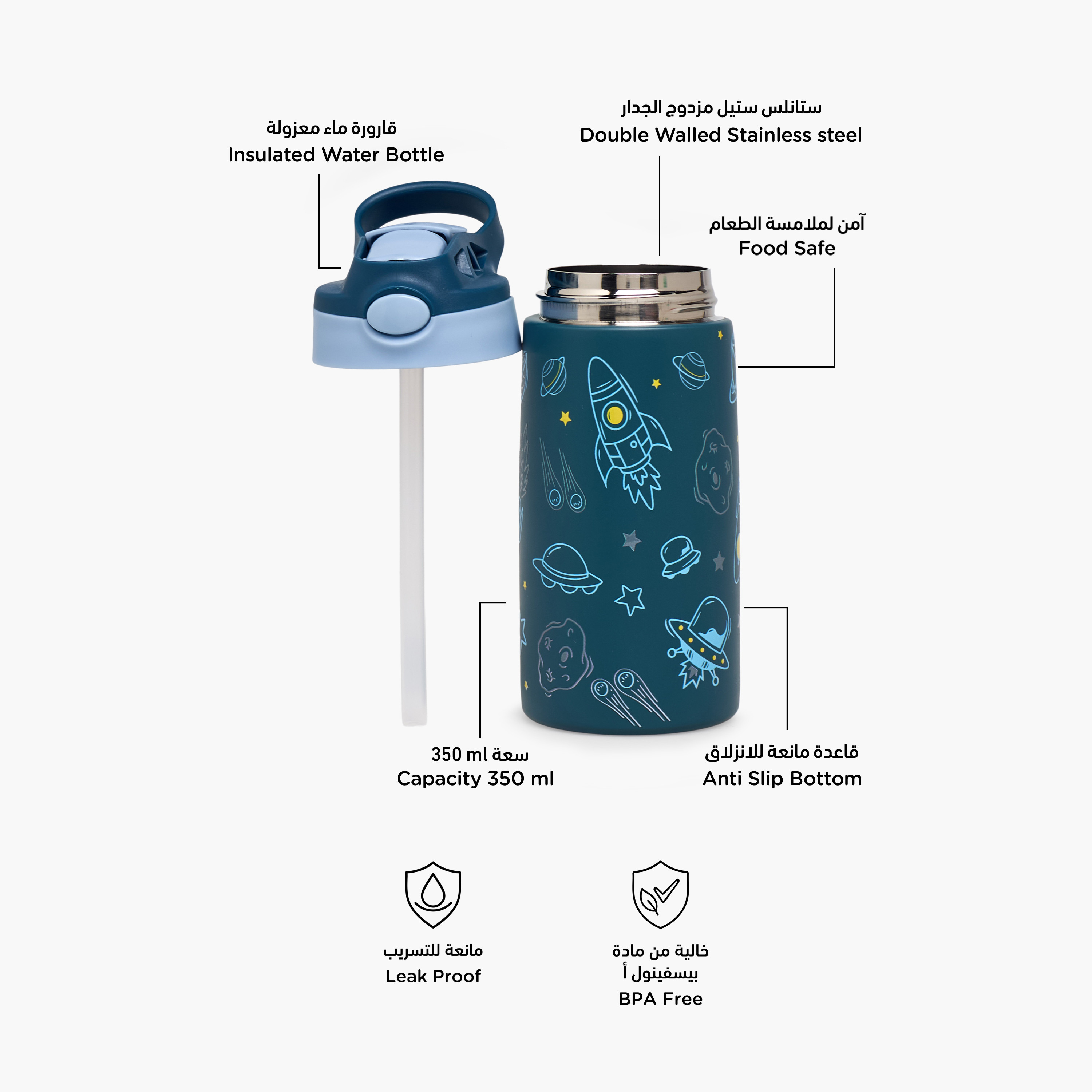 قارورة مياه ستانليس ستيل بمقبض وفوهة قلابة وطبعات فضاء من جونيورز-school-waterbottles-image-2
