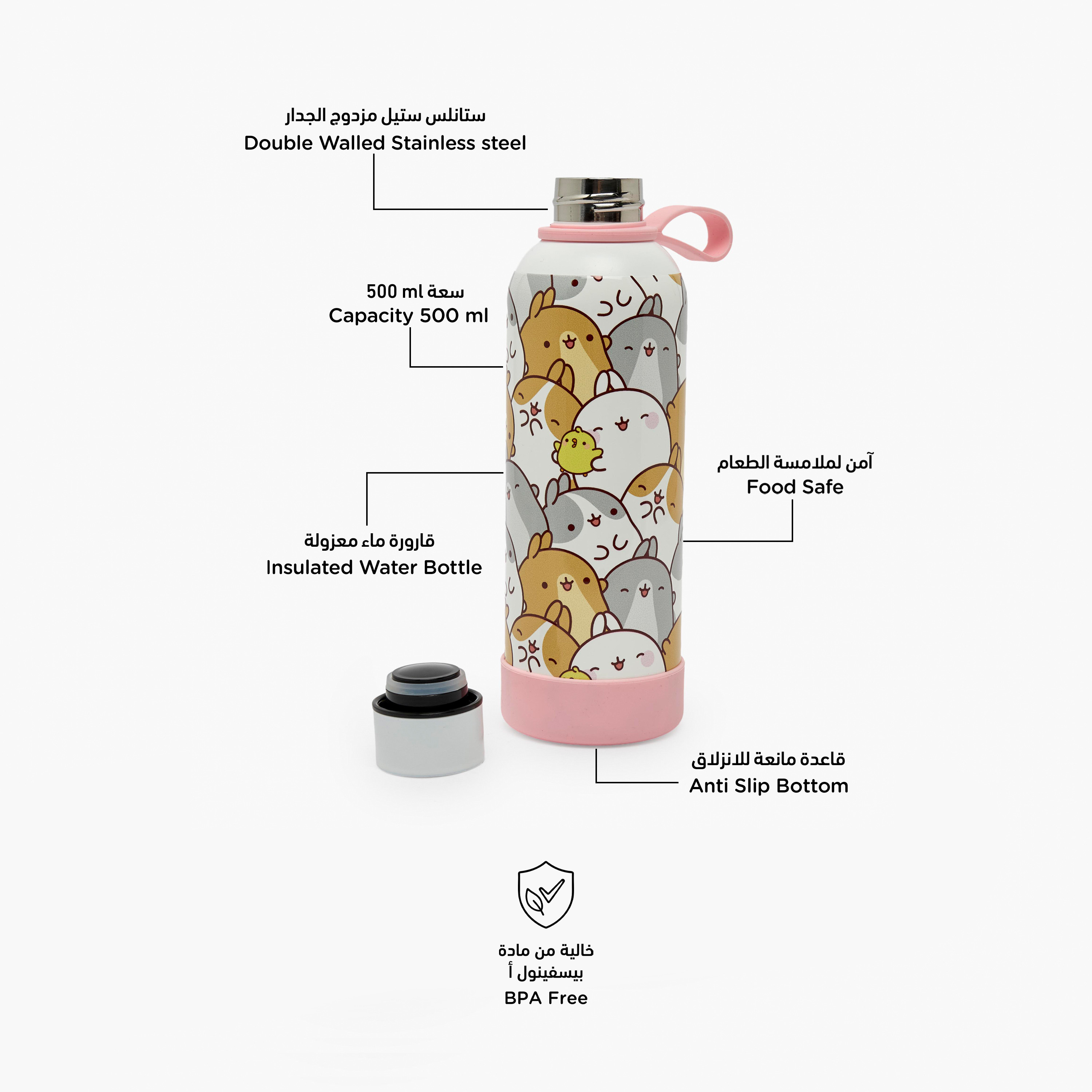 قارورة مياه ستانلس ستيل بطبعات مولانج وحلقة مقبض من ميلي إيميجز - 500 مل-school-waterbottles-image-2