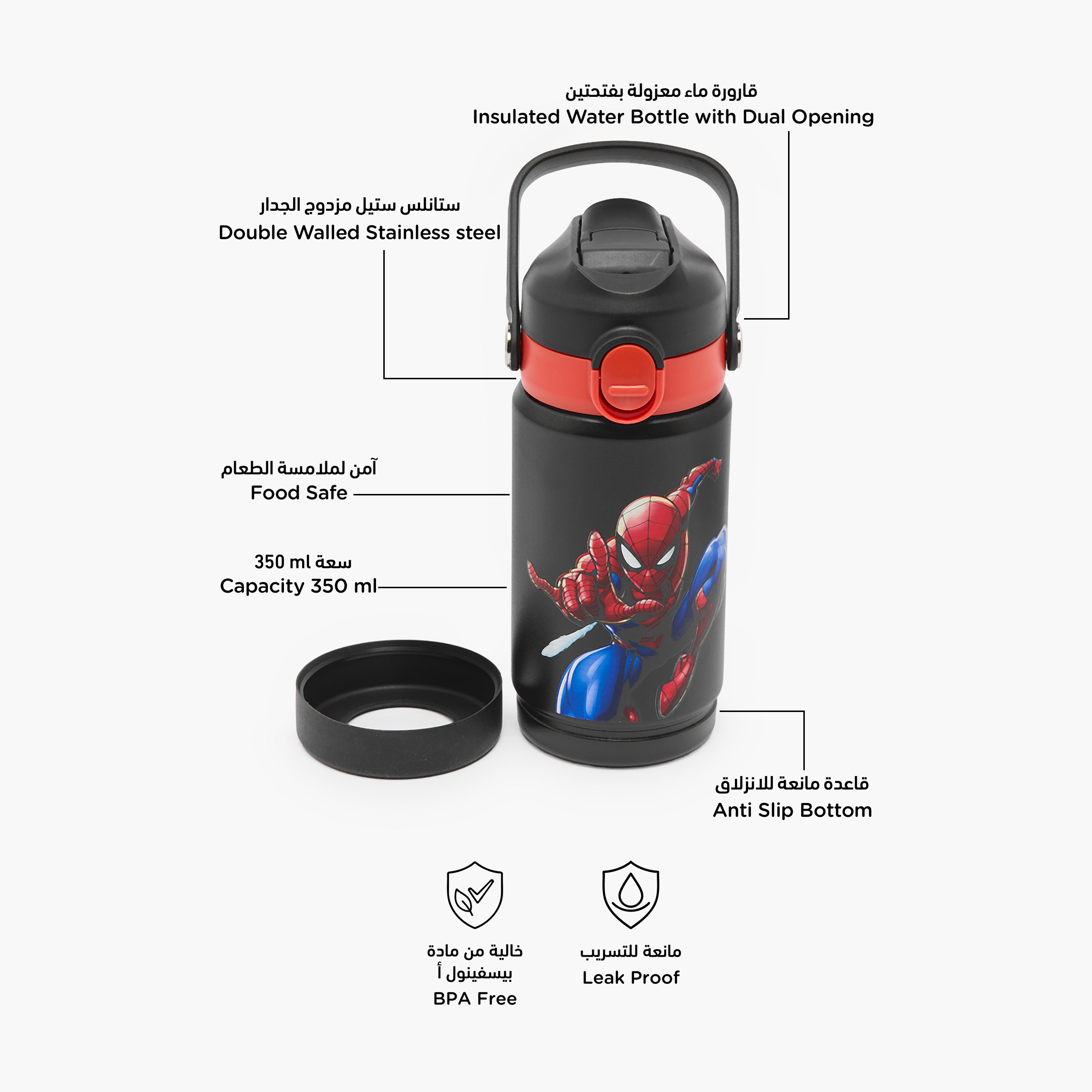 Spider-Man Print Stainless Steel Water Bottle with Straw Spout and Handle-school-waterbottles-image-2