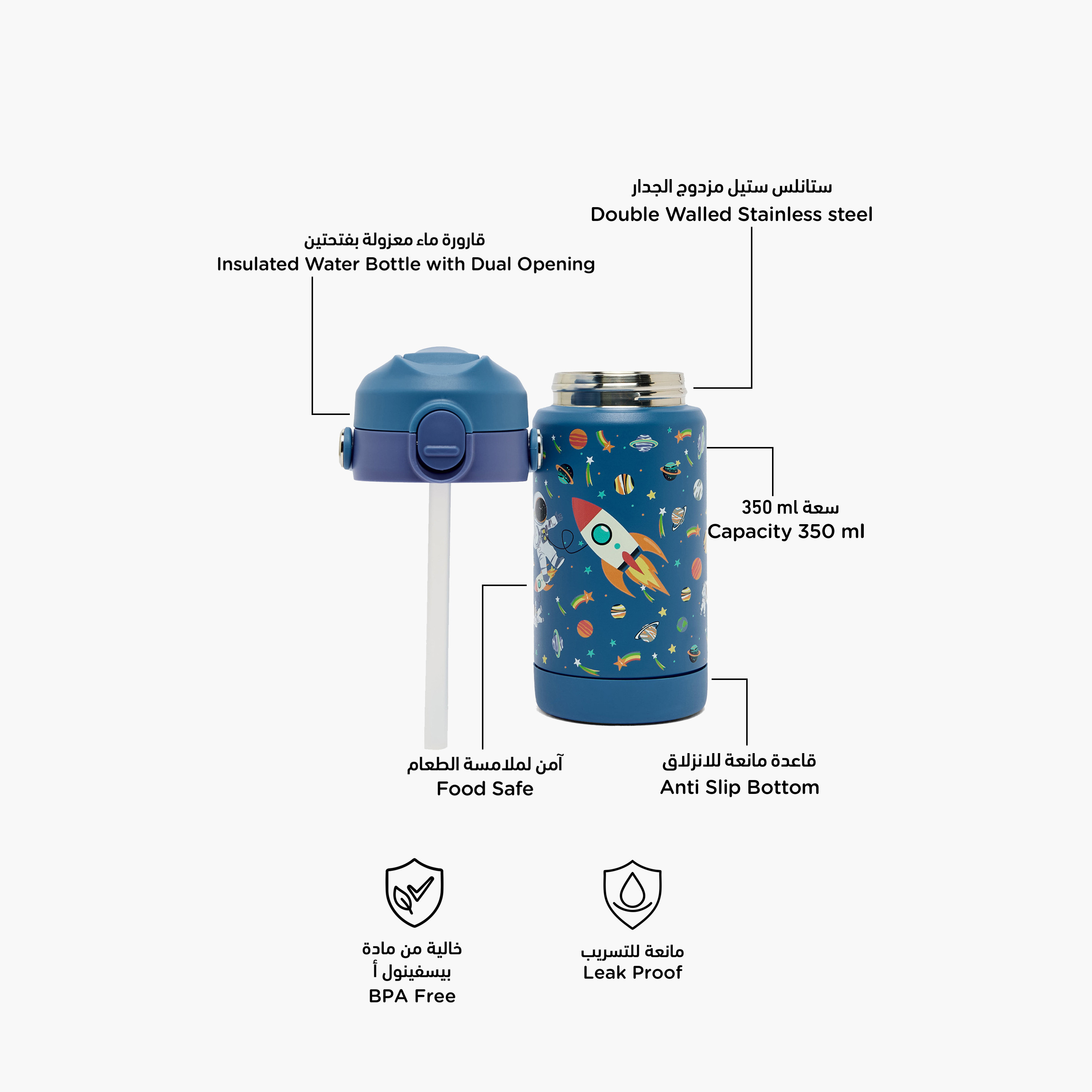 قارورة مياه ستانلس ستيل بطبعات رائد فضاء بفتحة واسعة وحلقة حمل من جونيورز-school-waterbottles-image-2