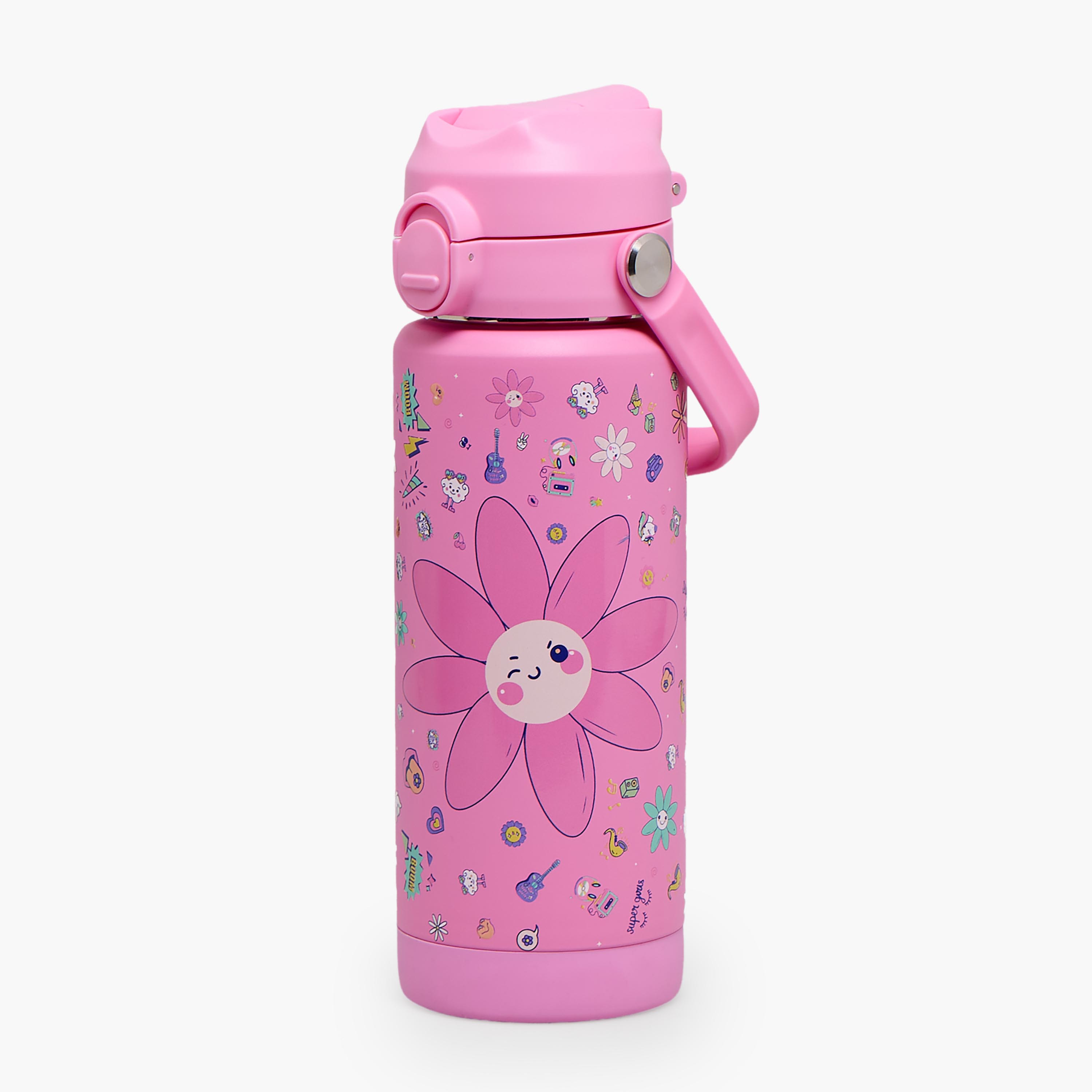 Juniors Floral Print Stainless Steel Water Bottle with Straw Spout and Handle-school-waterbottles-image-1