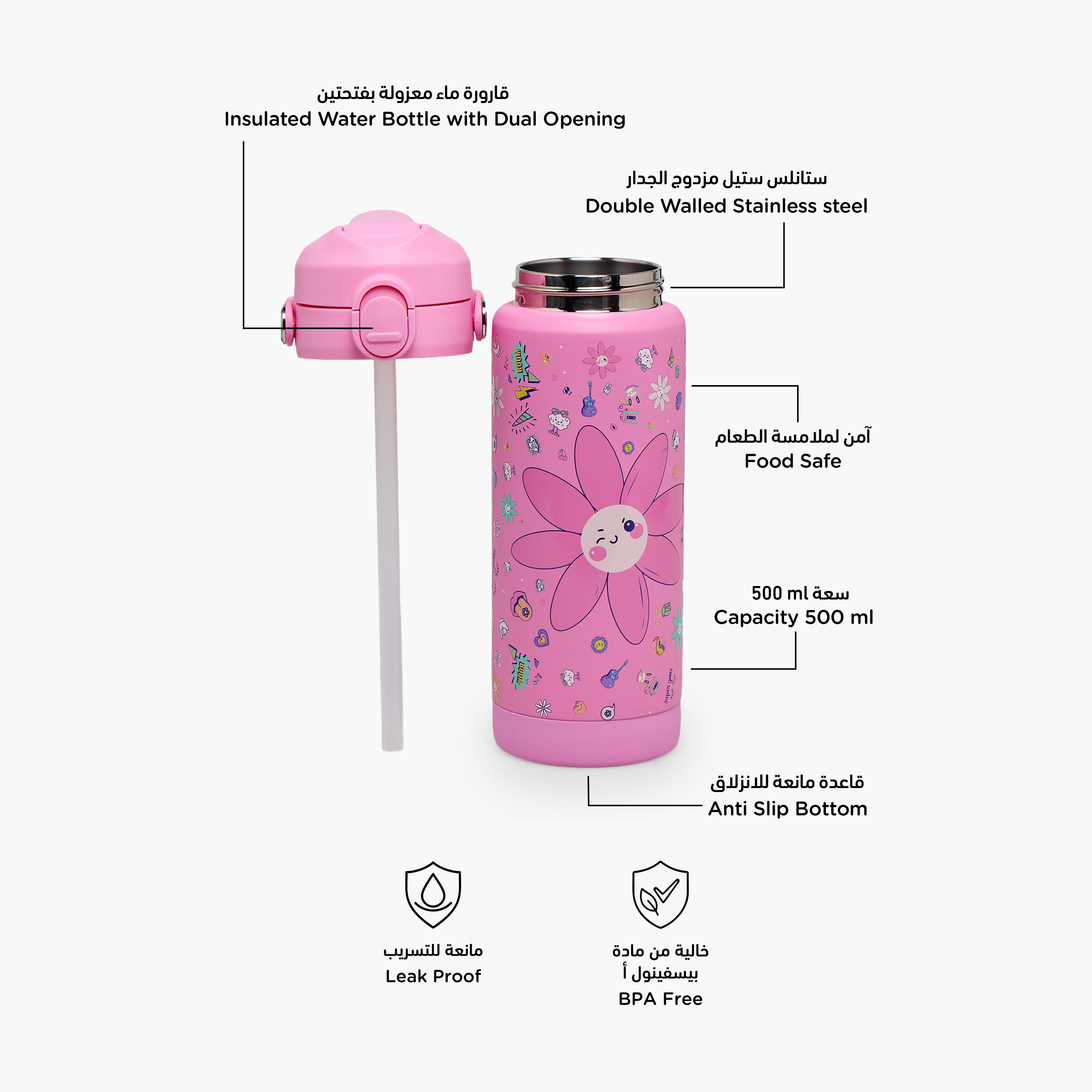 Juniors Floral Print Stainless Steel Water Bottle with Straw Spout and Handle-school-waterbottles-image-2