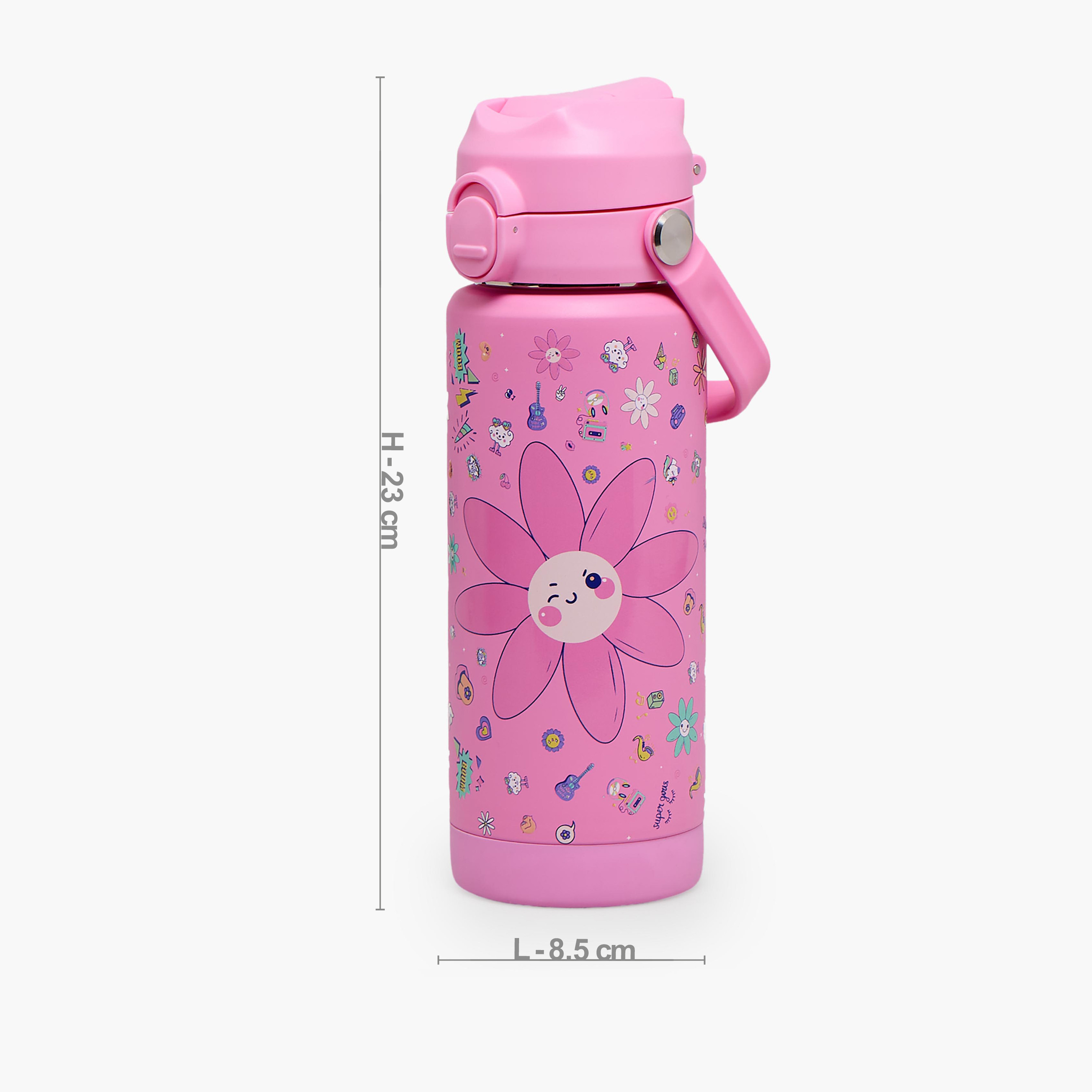 Juniors Floral Print Stainless Steel Water Bottle with Straw Spout and Handle-school-waterbottles-image-3