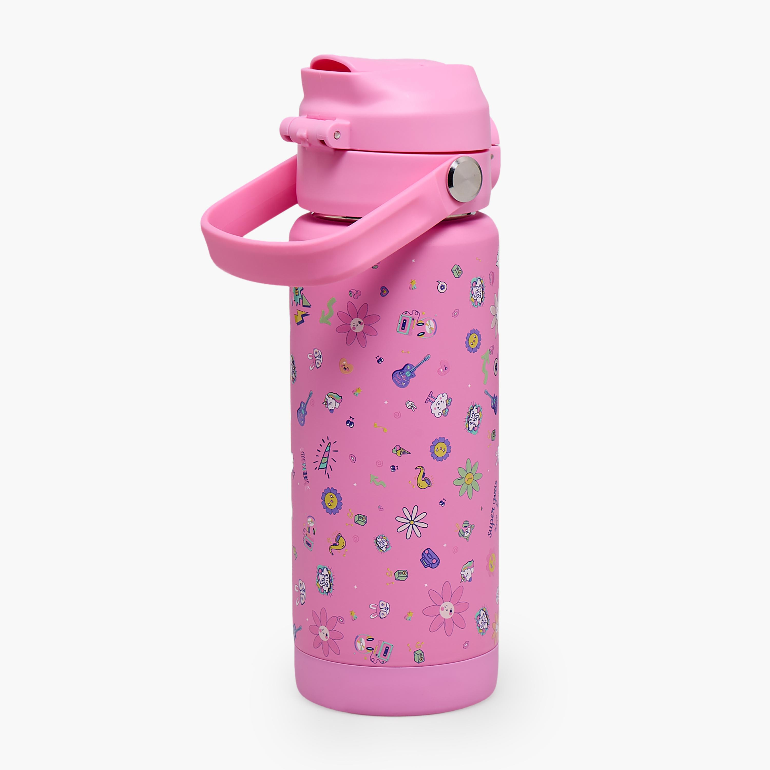 Juniors Floral Print Stainless Steel Water Bottle with Straw Spout and Handle-school-waterbottles-image-7