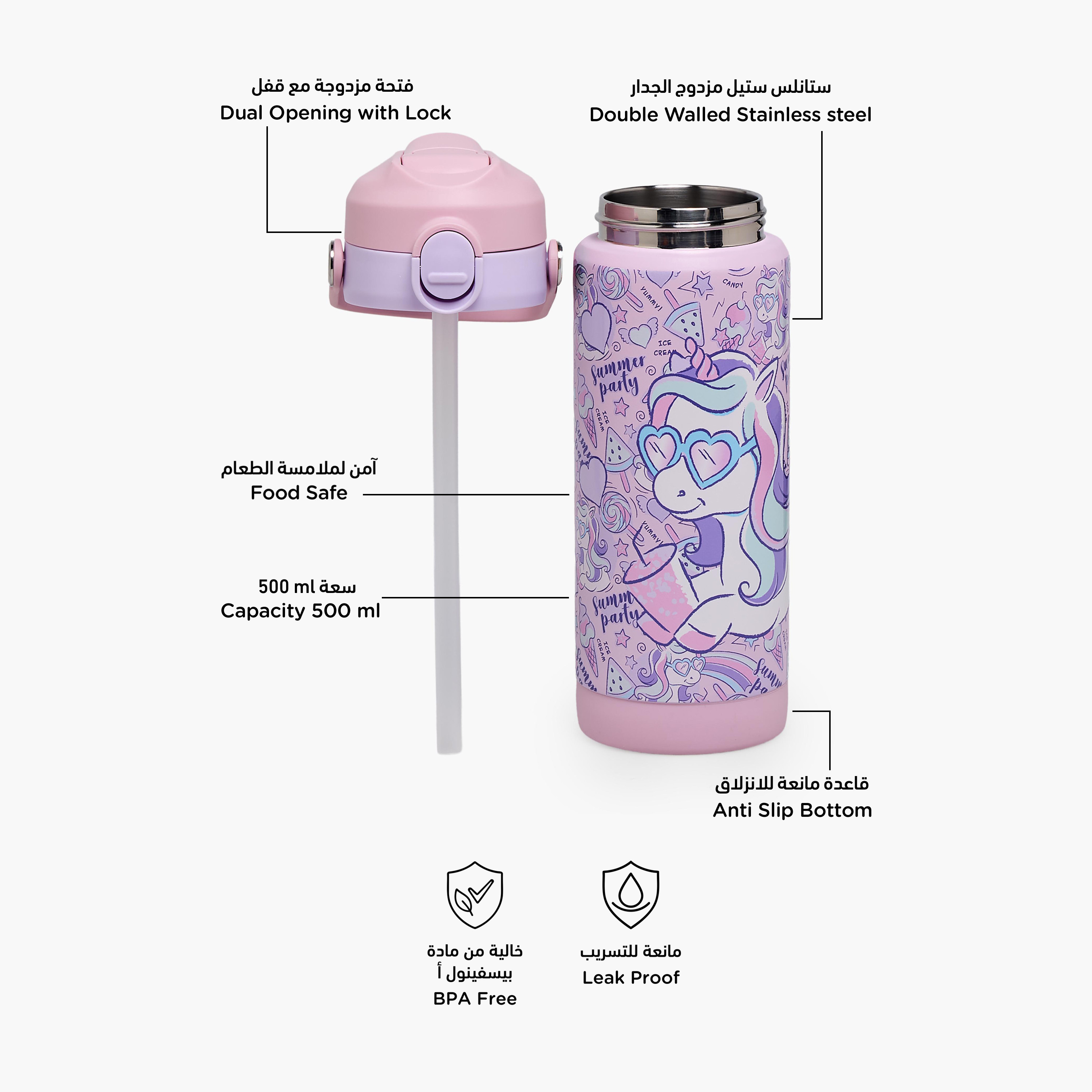 Juniors Unicorn Print Stainless Steel Water Bottle with Flip Spout and Handle-school-waterbottles-image-2