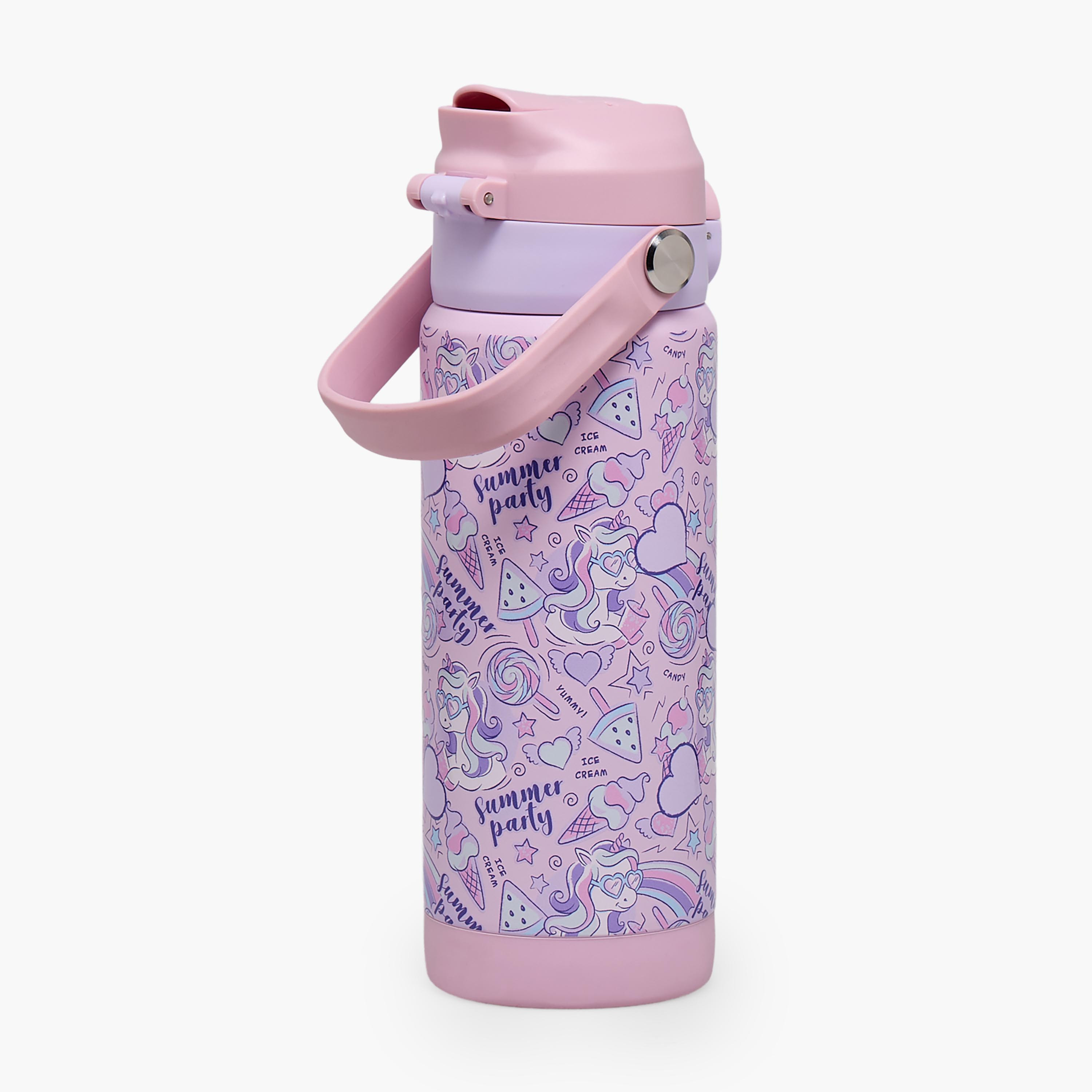 Juniors Unicorn Print Stainless Steel Water Bottle with Flip Spout and Handle-school-waterbottles-image-7