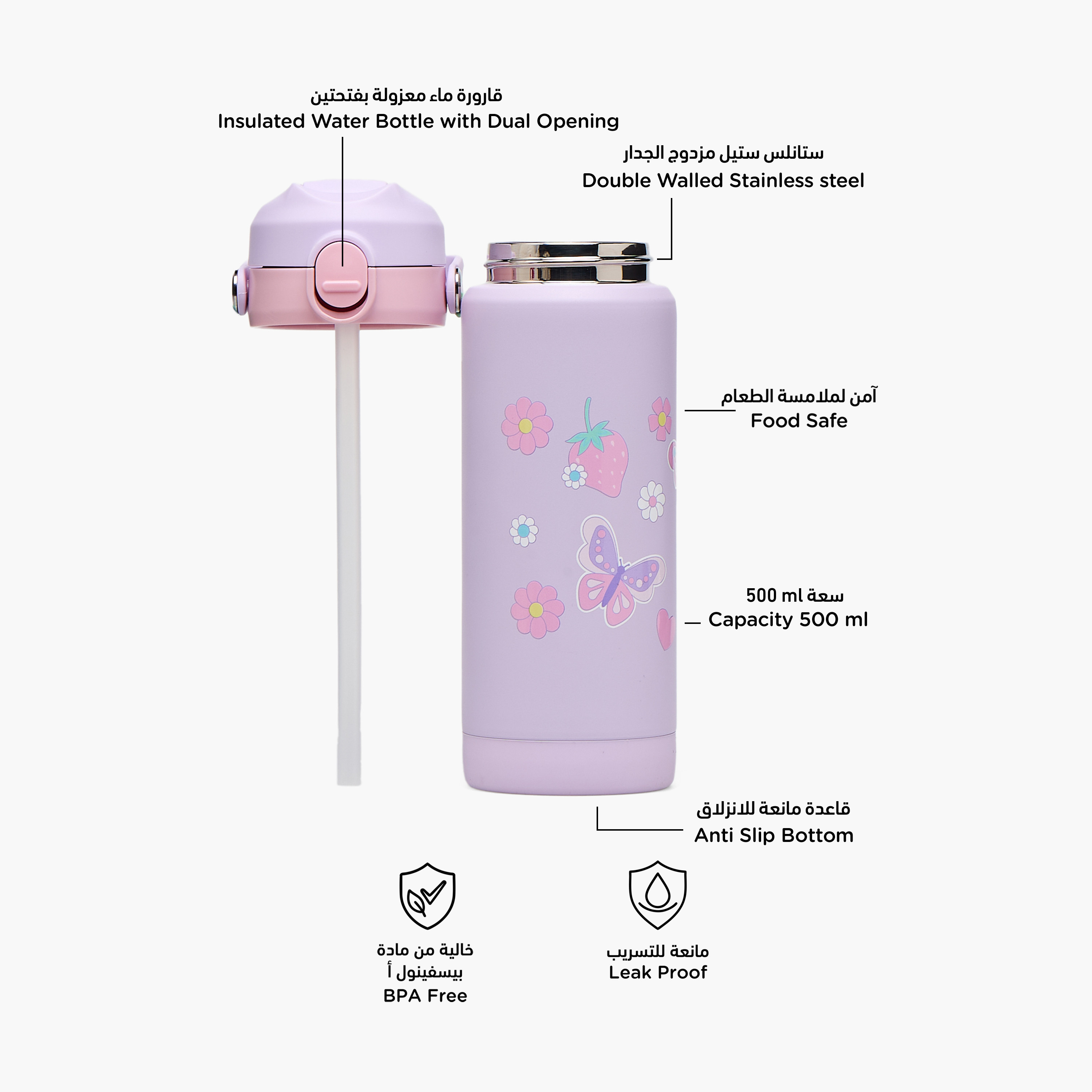 قارورة مياه ستانلس ستيل بفوهة ومقبض وطبعات فراشة من جونيورز-school-waterbottles-image-2