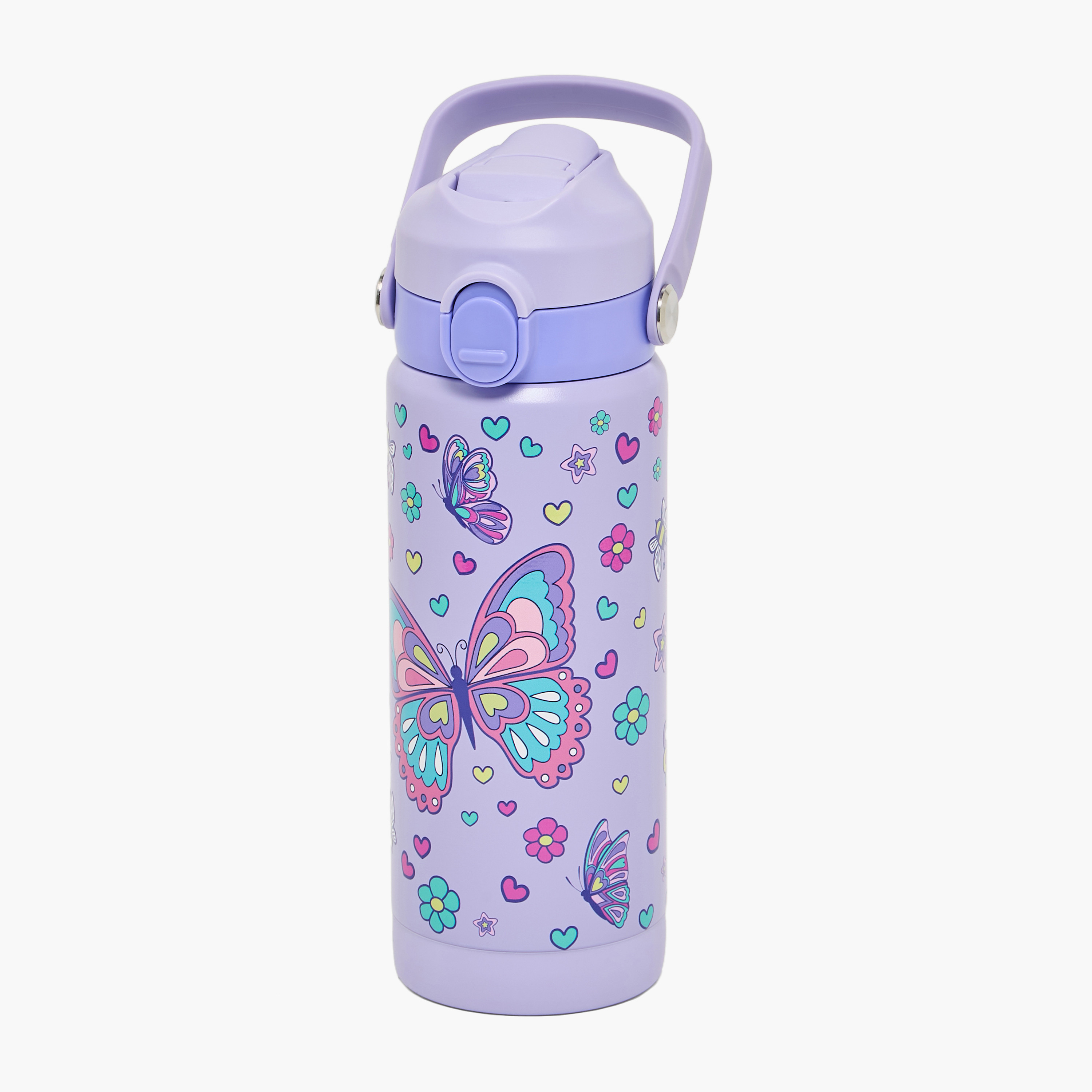 قارورة مياه ستانلس ستيل بمقبض وفوهة قلابة وطبعات فراشة من جونيورز-school-waterbottles-image-1