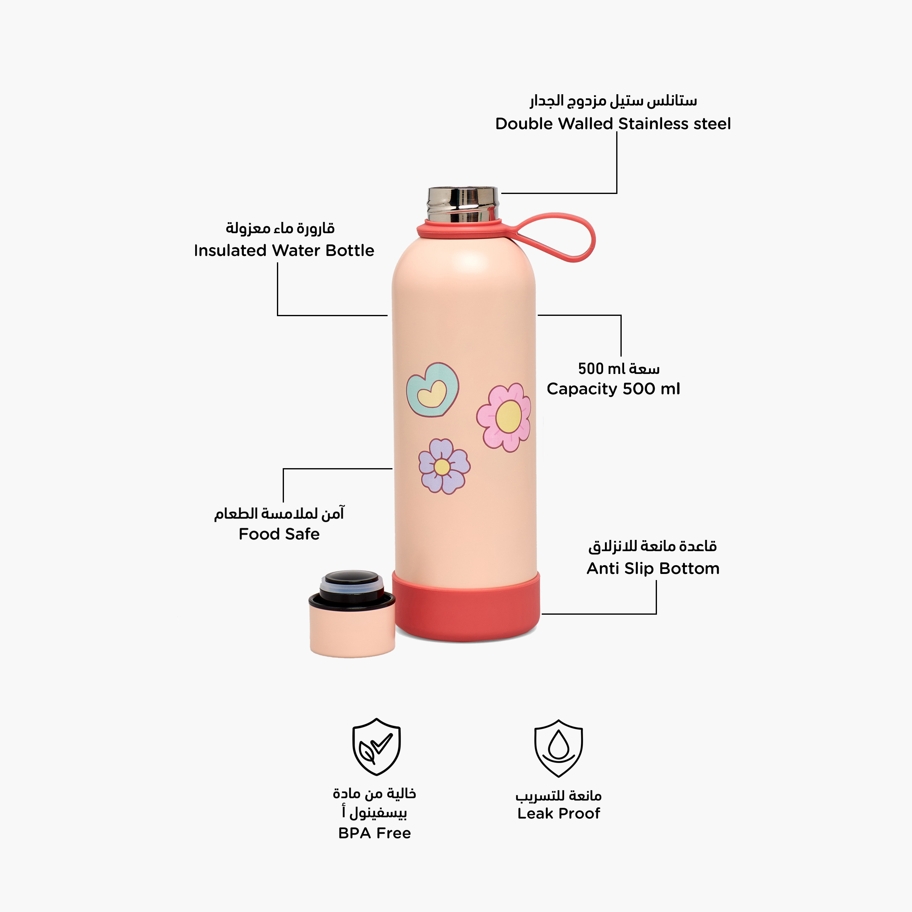قارورة ماء ستانلس ستيل بحلقة حمل وطبعات أزهار من جونيورز-school-waterbottles-image-2