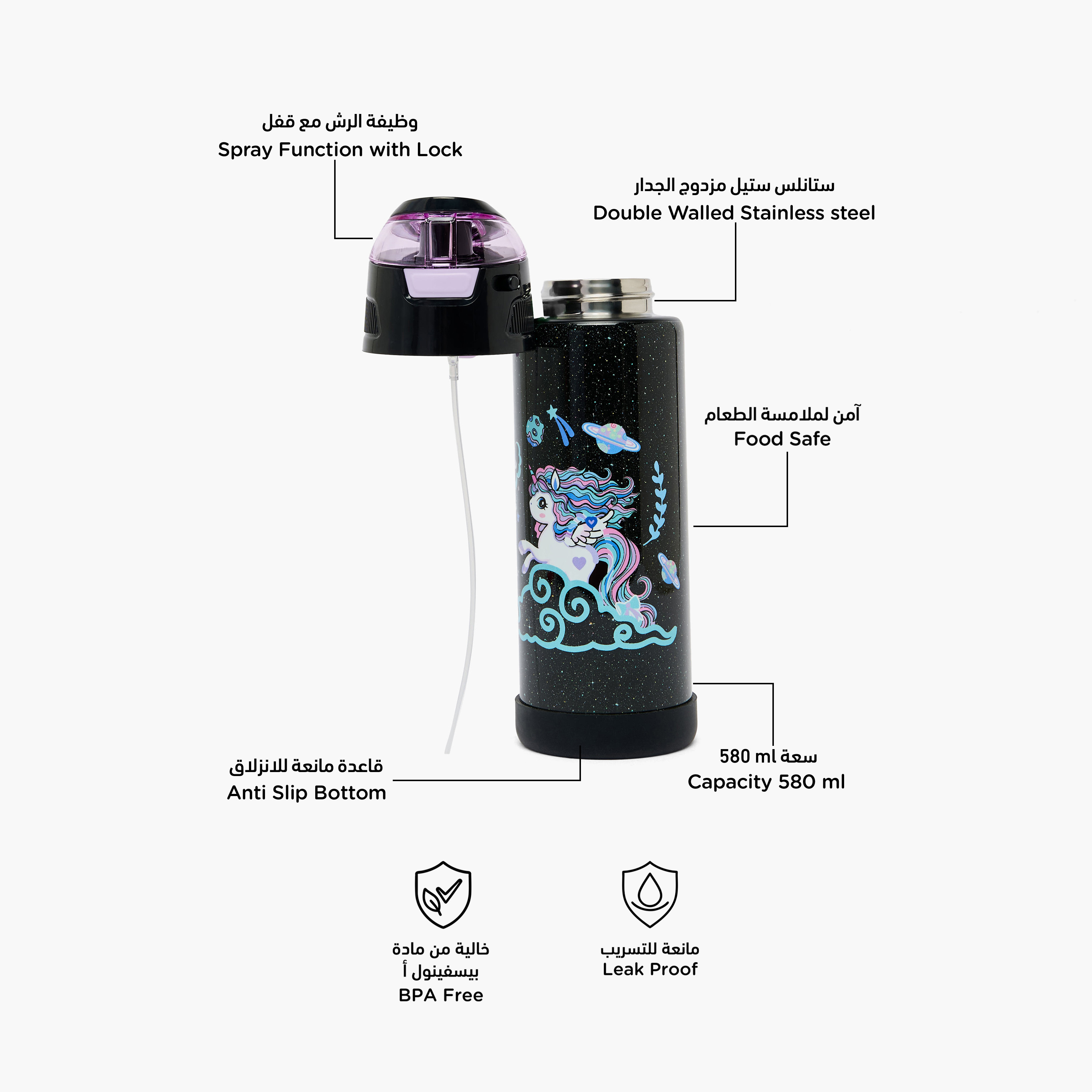 قارورة مياه ستانلس ستيل بفوهة قشة وطبعات يونيكورن من جونيورز-school-waterbottles-image-2