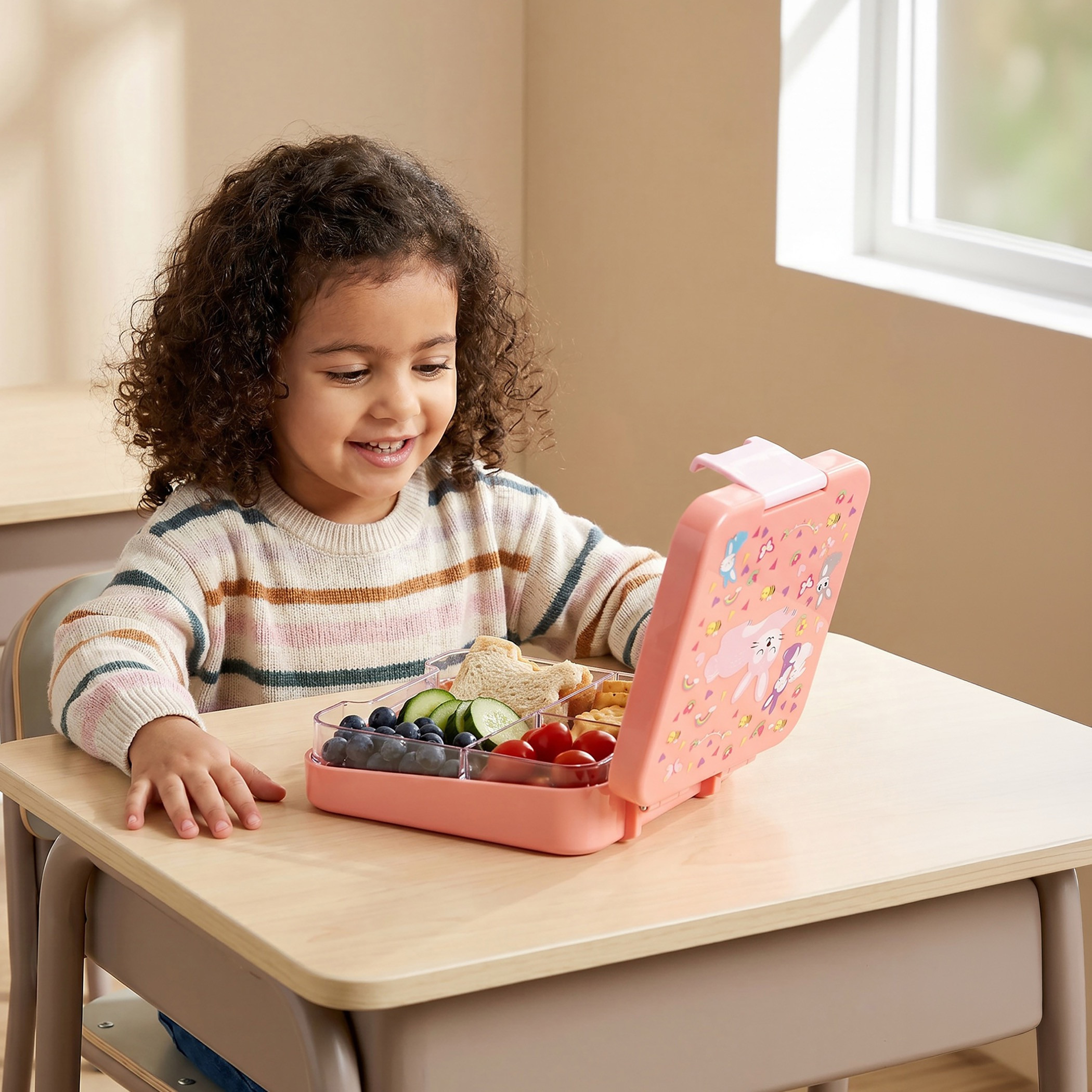 صندوق بينتو بـ3 أقسام وطبعات أرانب للبنات بعمر 3-5 سنوات من جونيورز - 640 مل-school-lunchessentials-lunchboxes-image-3
