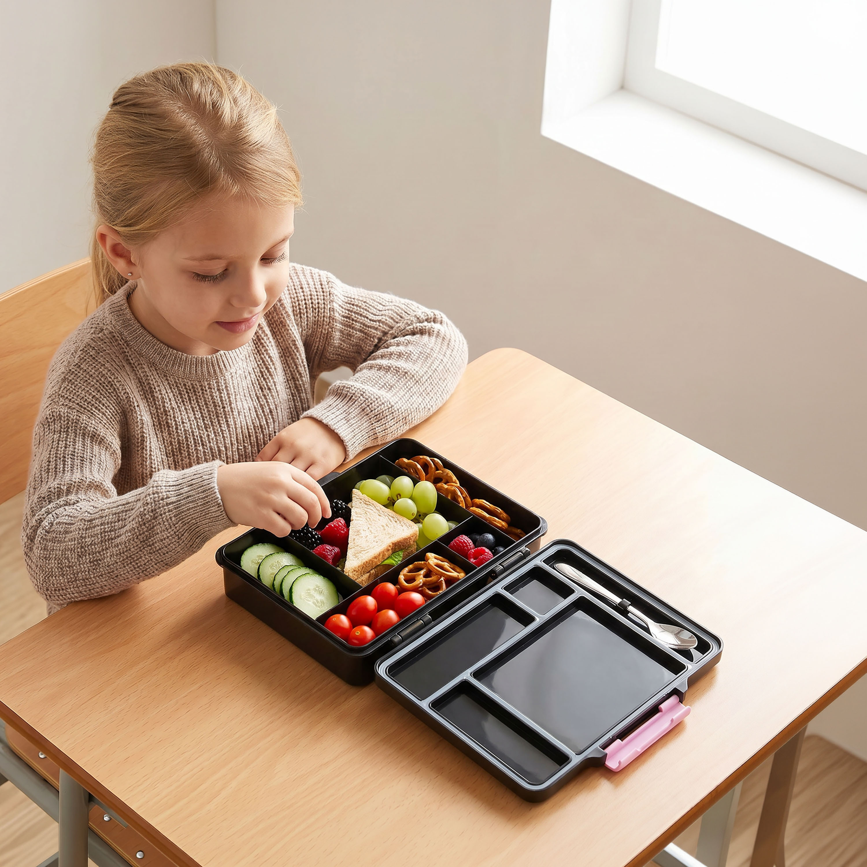 صندوق غداء بينتو بطبعات مع أدوات مائدة للبنات من جونيورز - 1.2 لتر-school-lunchessentials-lunchboxes-image-3