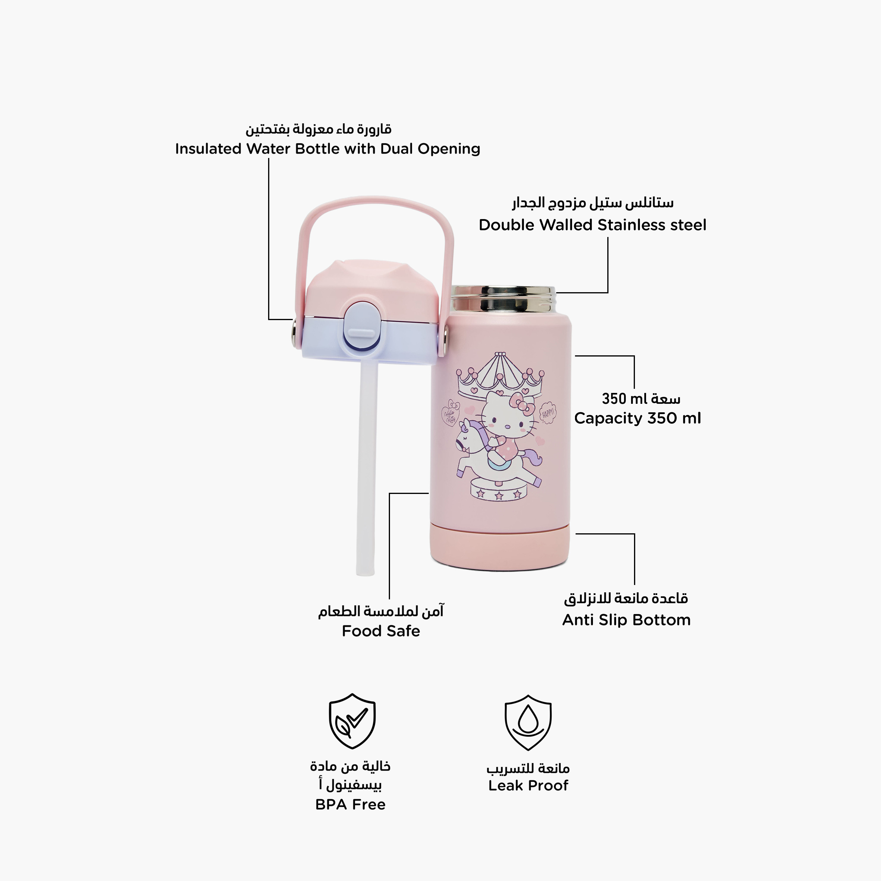 Sanrio Hello Kitty Stainless Steel Water Bottle with Wide Mouth and Carry Loop-school-waterbottles-image-2