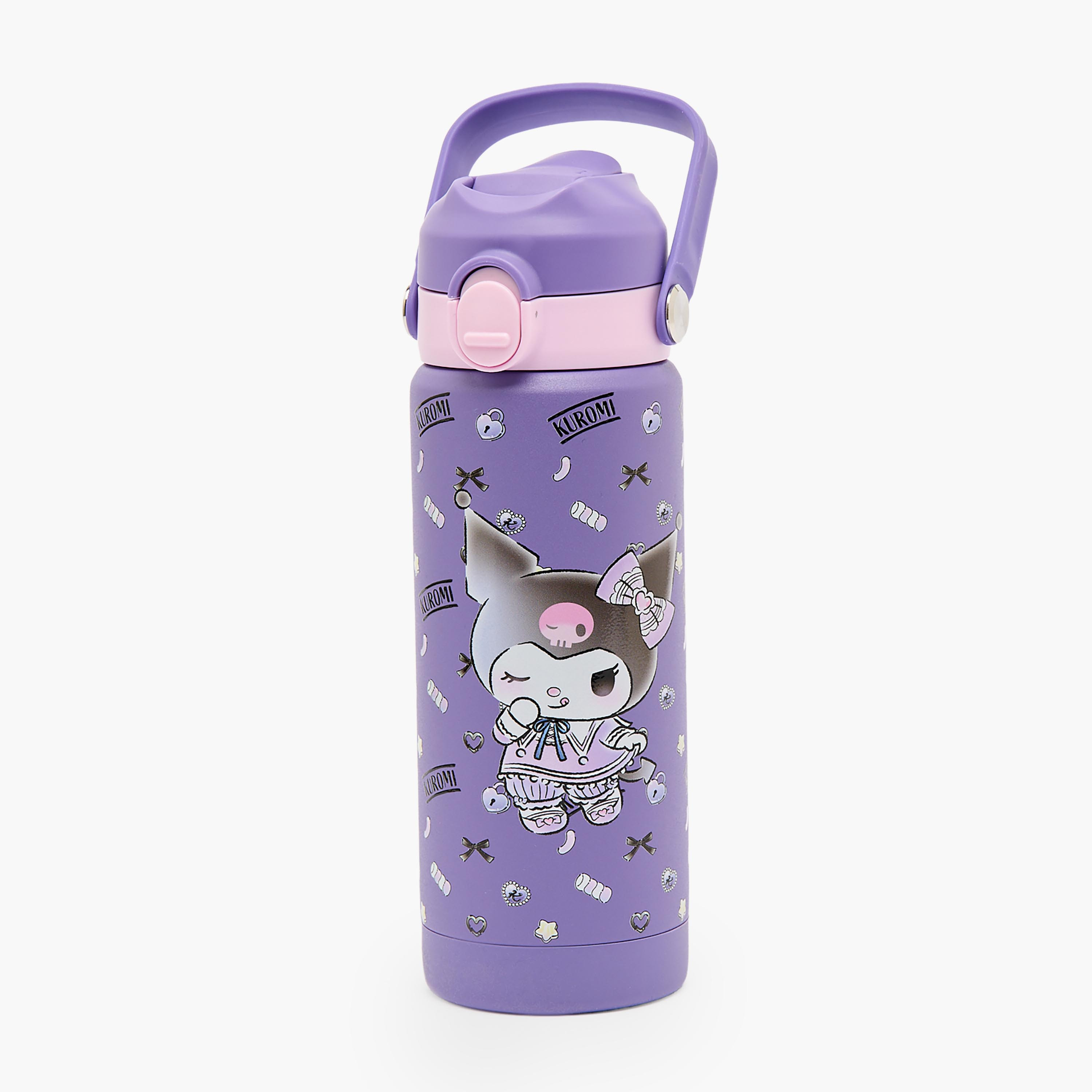 قارورة ماء ستانلس ستيل بطبعة كورومي مع فوهة قابلة للفتح ومقبض من سانريو-school-waterbottles-image-1
