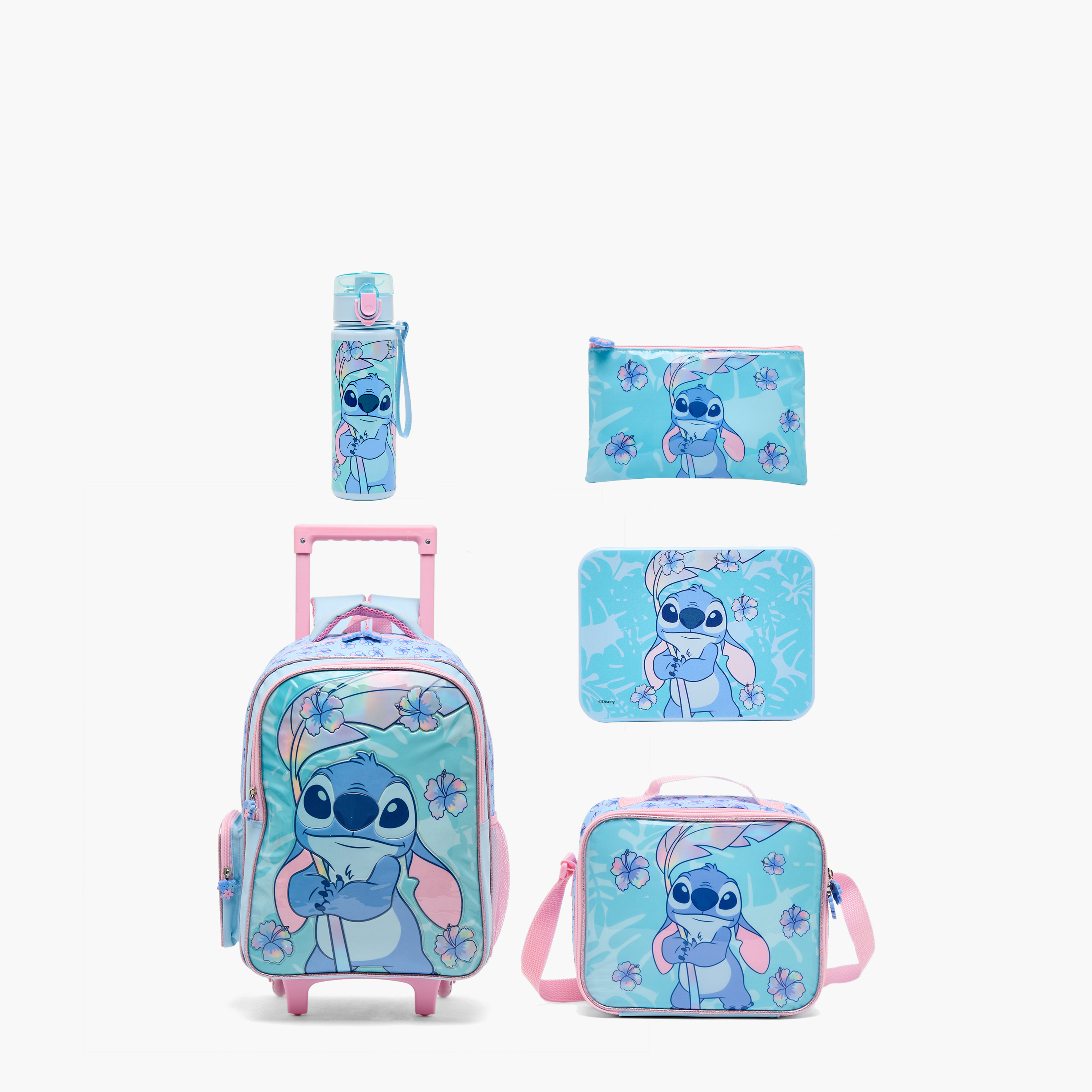 Disney Stitch Print 5-Piece School Trolley Bag Set for Girls 5-8 Years with Lunch Bag - 16 inches-school-bagsandbackpacks-trolleybags-image-1