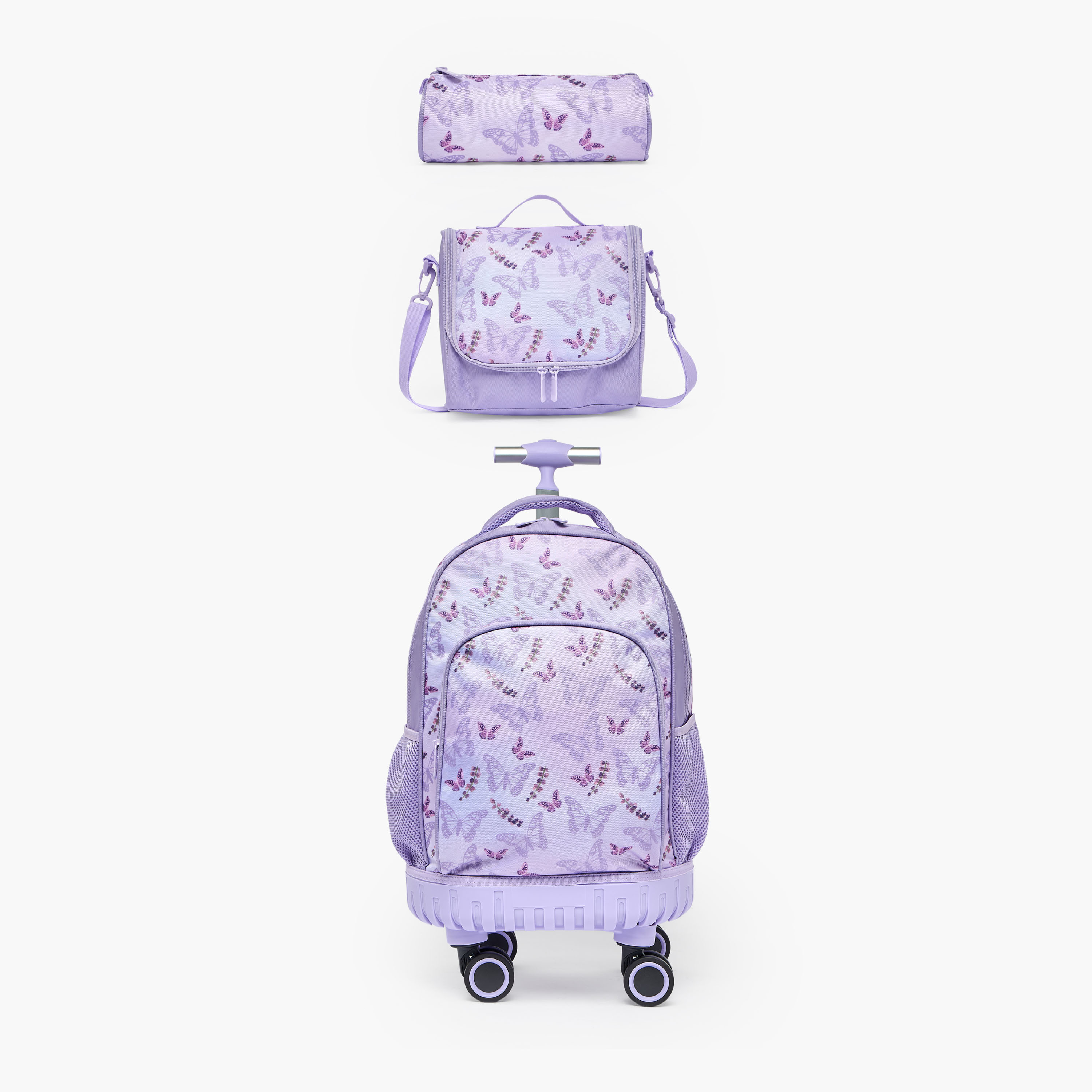 طقم شنطة ترولي بطبعة فراشة من 8-13 سنة مع شنطة غذاء للبنات - 3 قطع - 18 بوصة-school-bagsandbackpacks-trolleybags-image-3