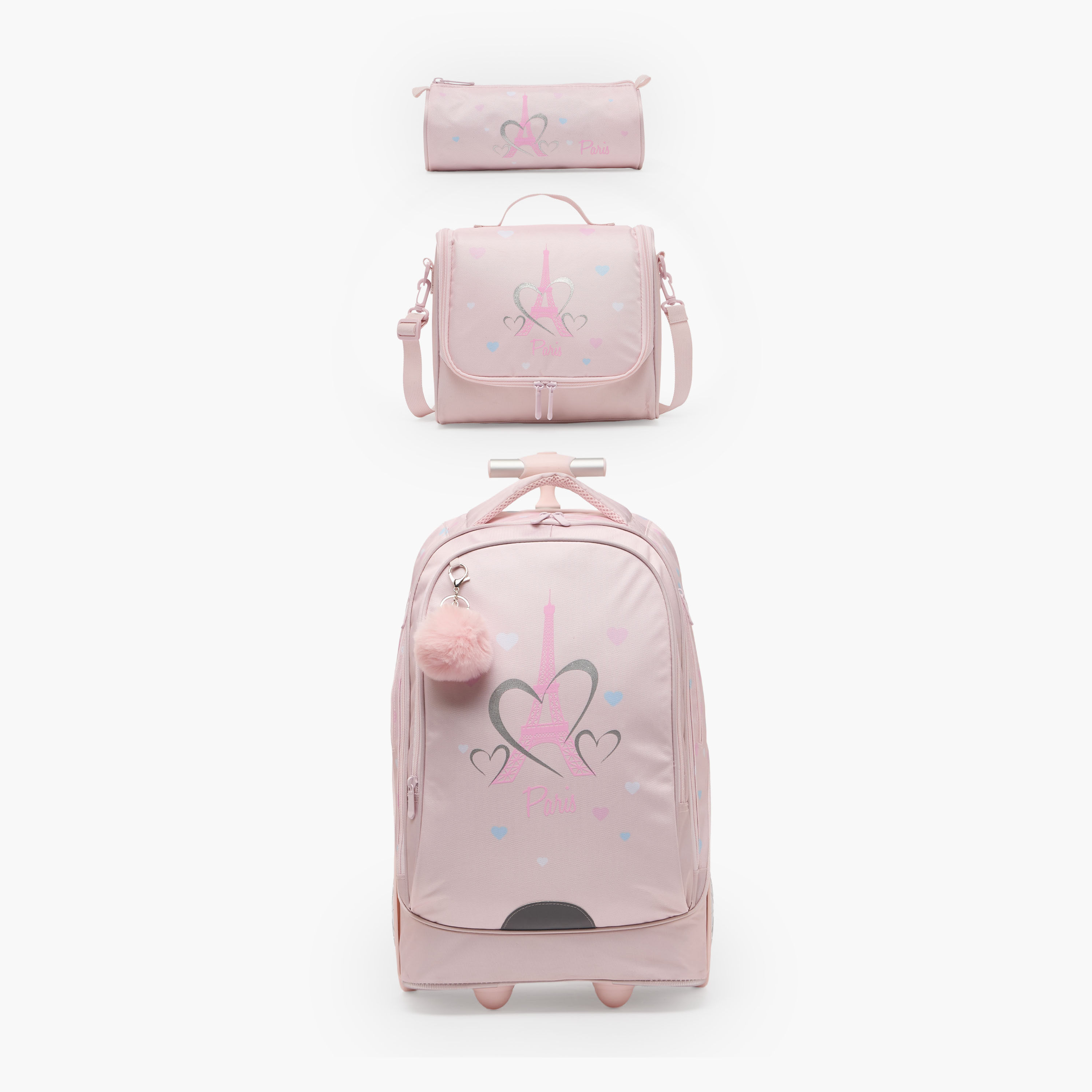 طقم شنطة ترولي بطبعة باريس من 8-12 سنة مع شنطة غذاء للبنات - 3 قطع - 18 بوصة-school-bagsandbackpacks-trolleybags-image-2