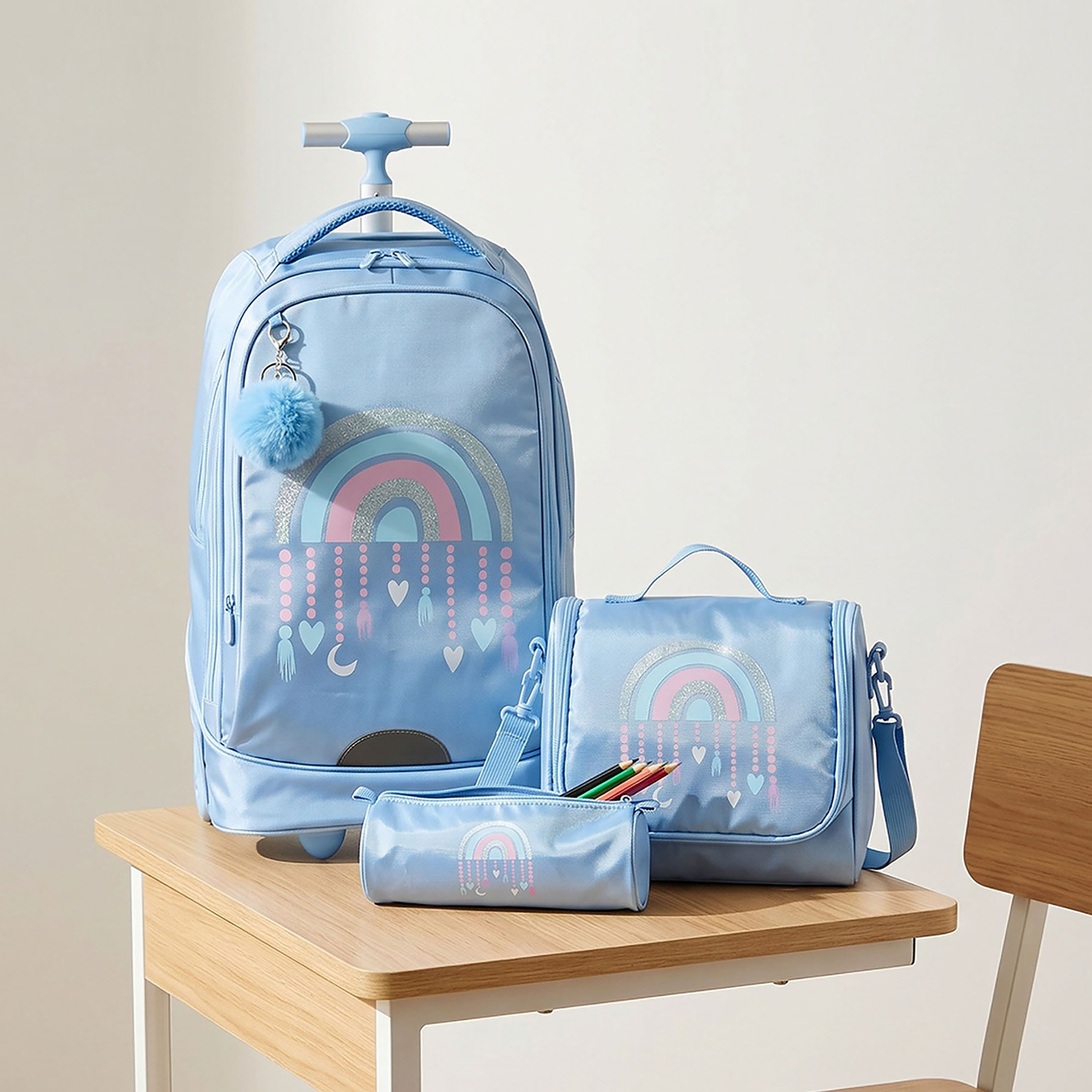 طقم شنطة ترولي بطبعة قوس قزح من 8-12 سنة مع شنطة غذاء للبنات - 3 قطع - 18 بوصة-school-bagsandbackpacks-trolleybags-image-2
