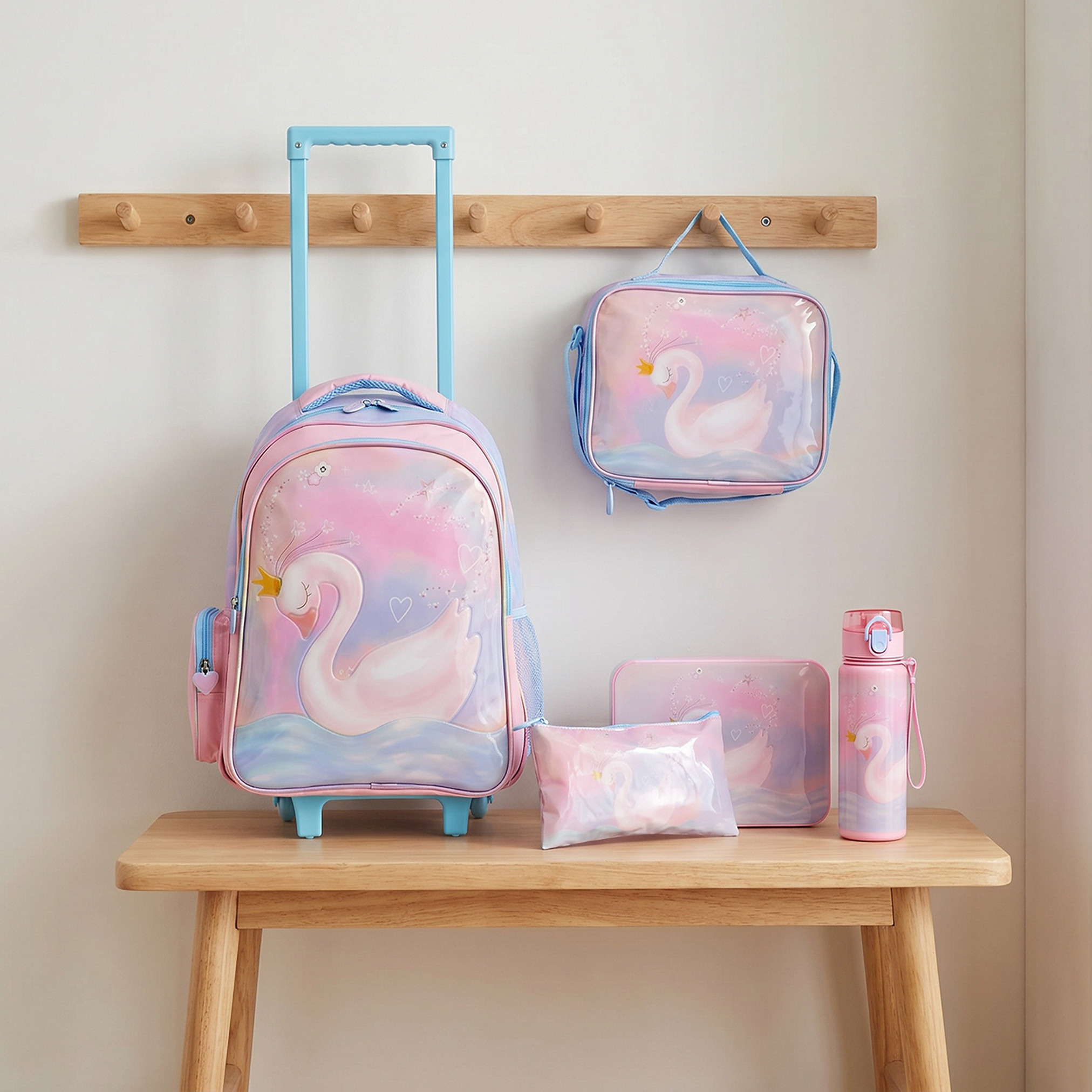 Juniors Swan Print 5-Piece School Trolley Bag Set for Girls 5-8 Years with Lunch Bag - 16 inches-school-bagsandbackpacks-trolleybags-image-1