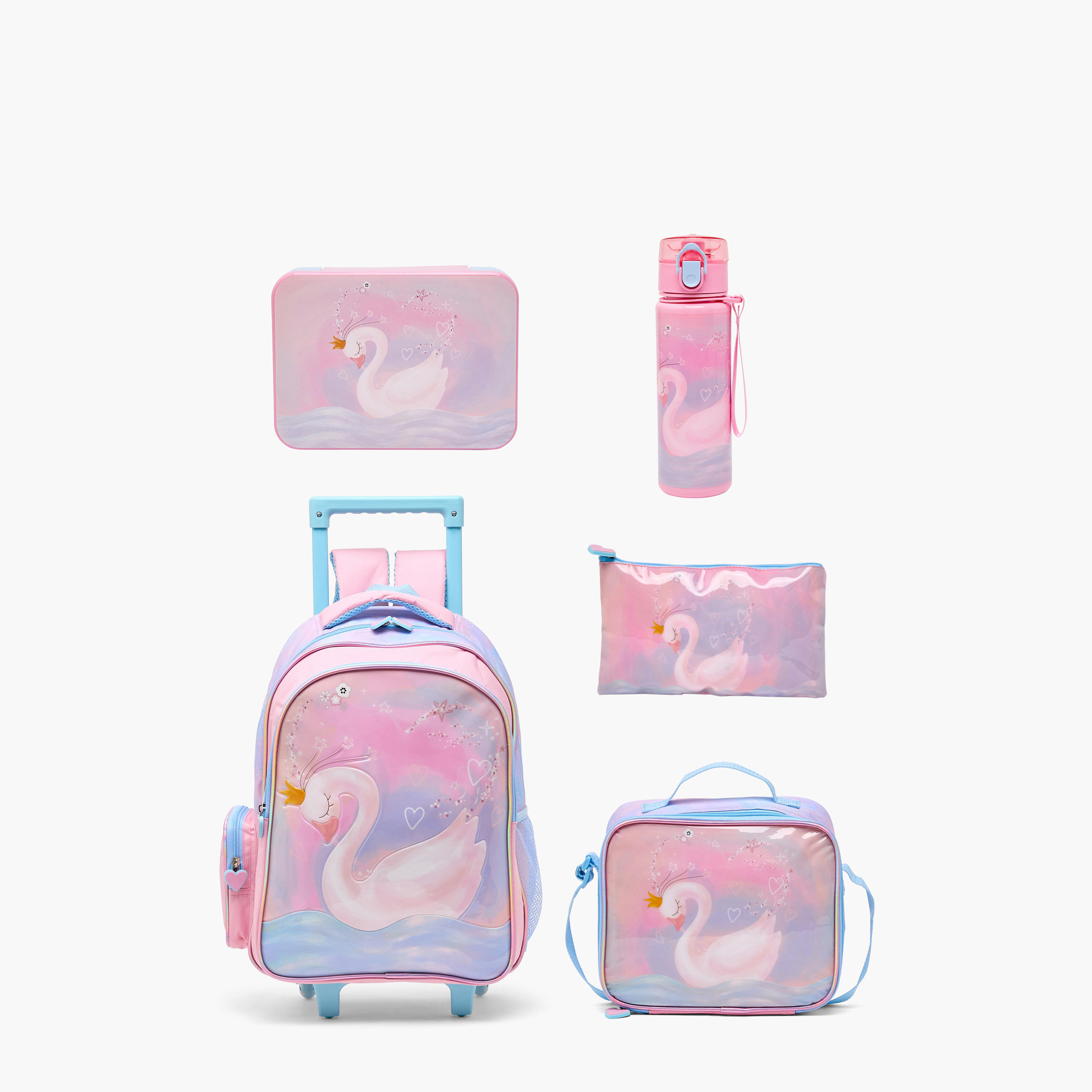 Juniors Swan Print 5-Piece School Trolley Bag Set for Girls 5-8 Years with Lunch Bag - 16 inches-school-bagsandbackpacks-trolleybags-image-2