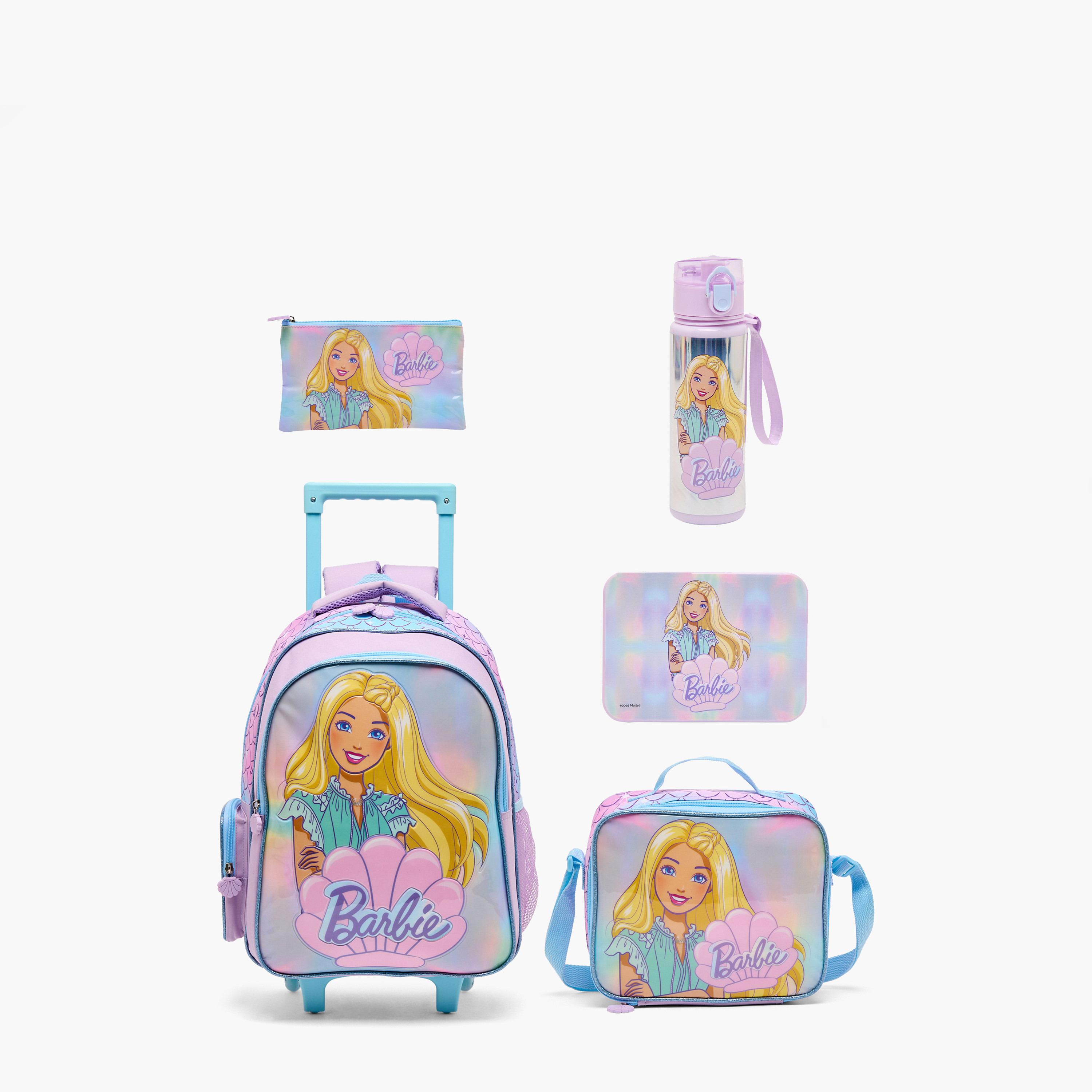 طقم شنطة ترولي مدرسية باربي 5 قطع للبنات 5-8 سنوات مع شنطة غداء - 16 بوصة-school-bagsandbackpacks-trolleybags-image-1