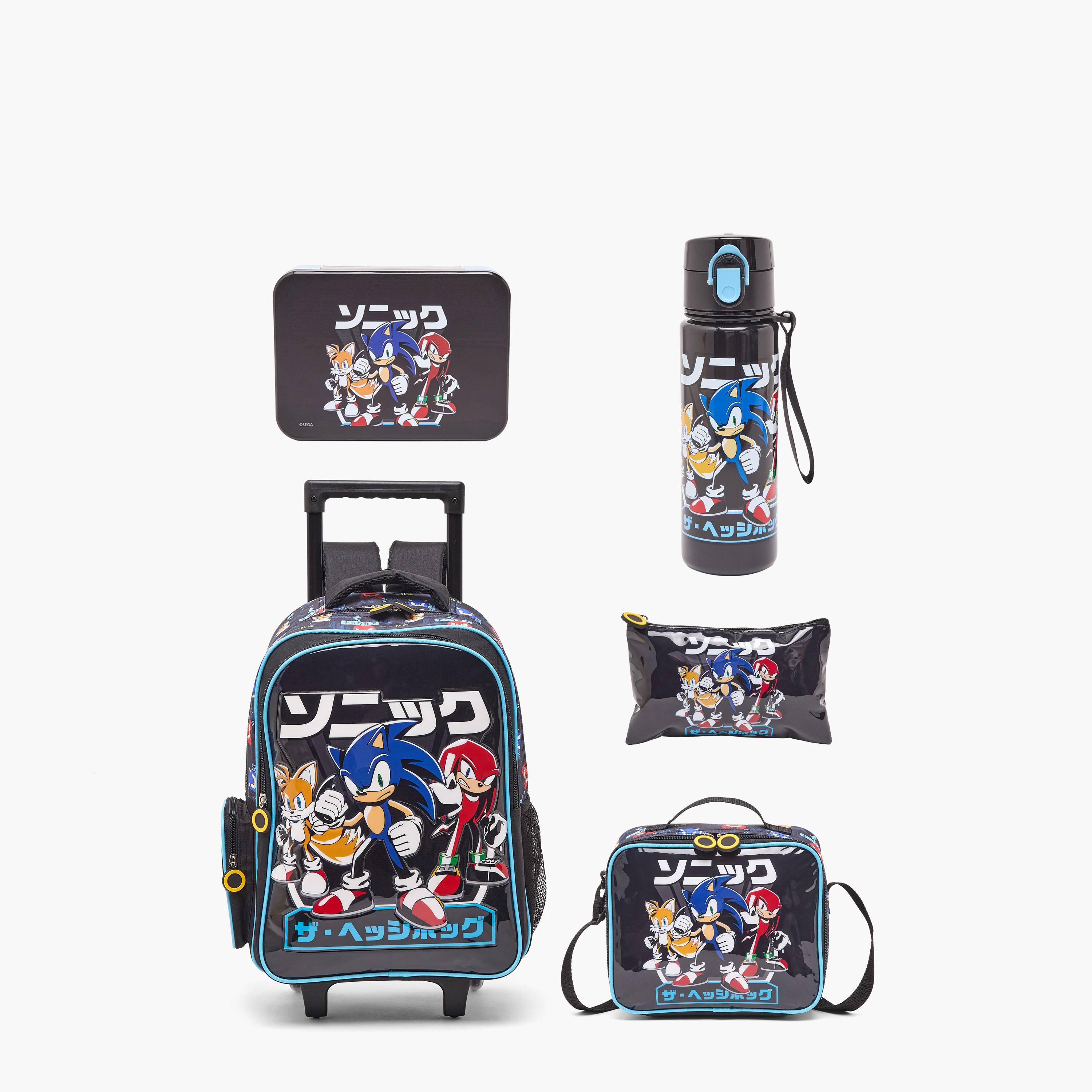 SEGA Sonic Print 5-Piece School Trolley Bag Set for Boys 5-8 Years with Lunch Box - 16 inches-school-bagsandbackpacks-trolleybags-image-1