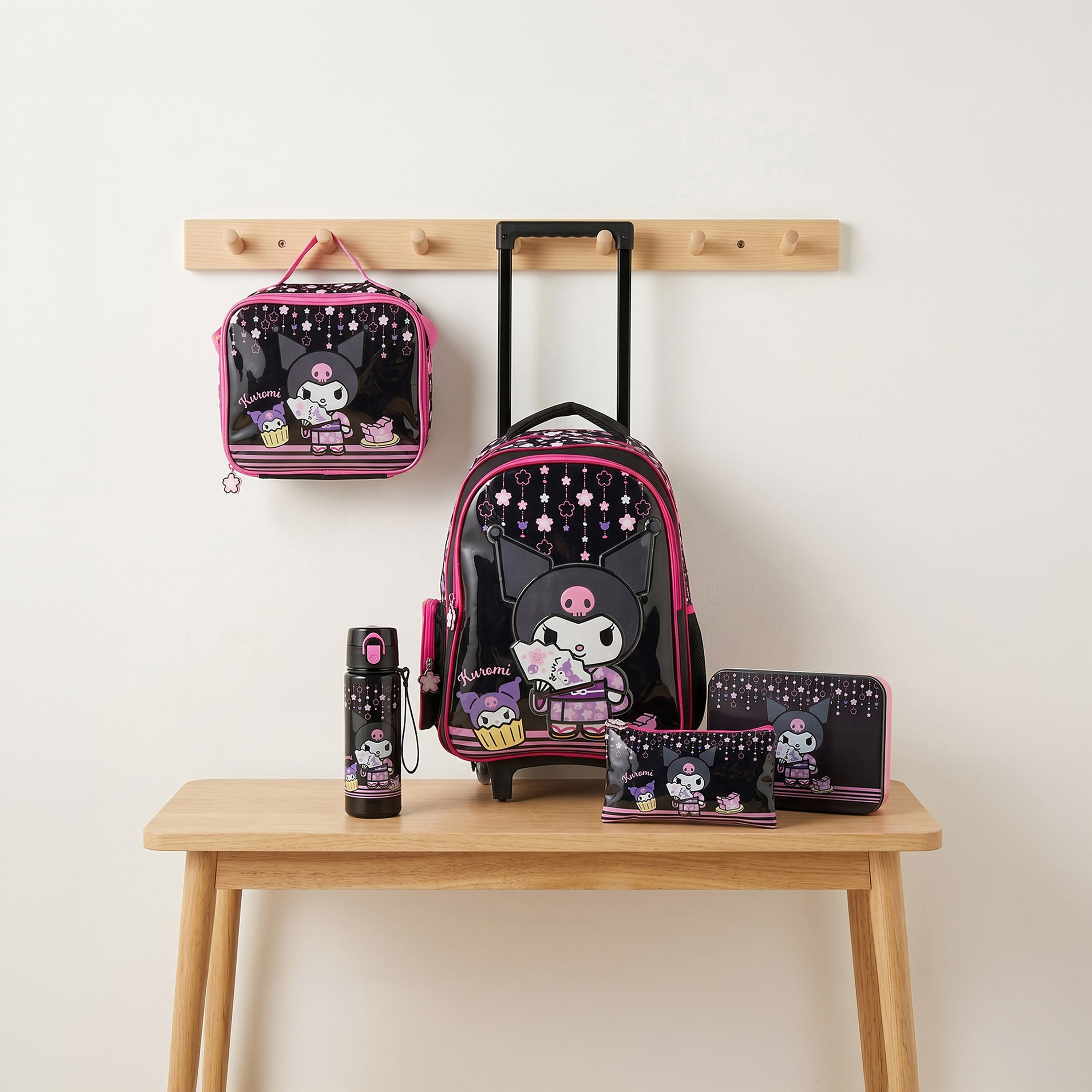Sanrio Kuromi Print 5-Piece School Trolley Bag Set for Girls 5-8 Years with Lunch Bag - 16 inches-school-bagsandbackpacks-trolleybags-image-1