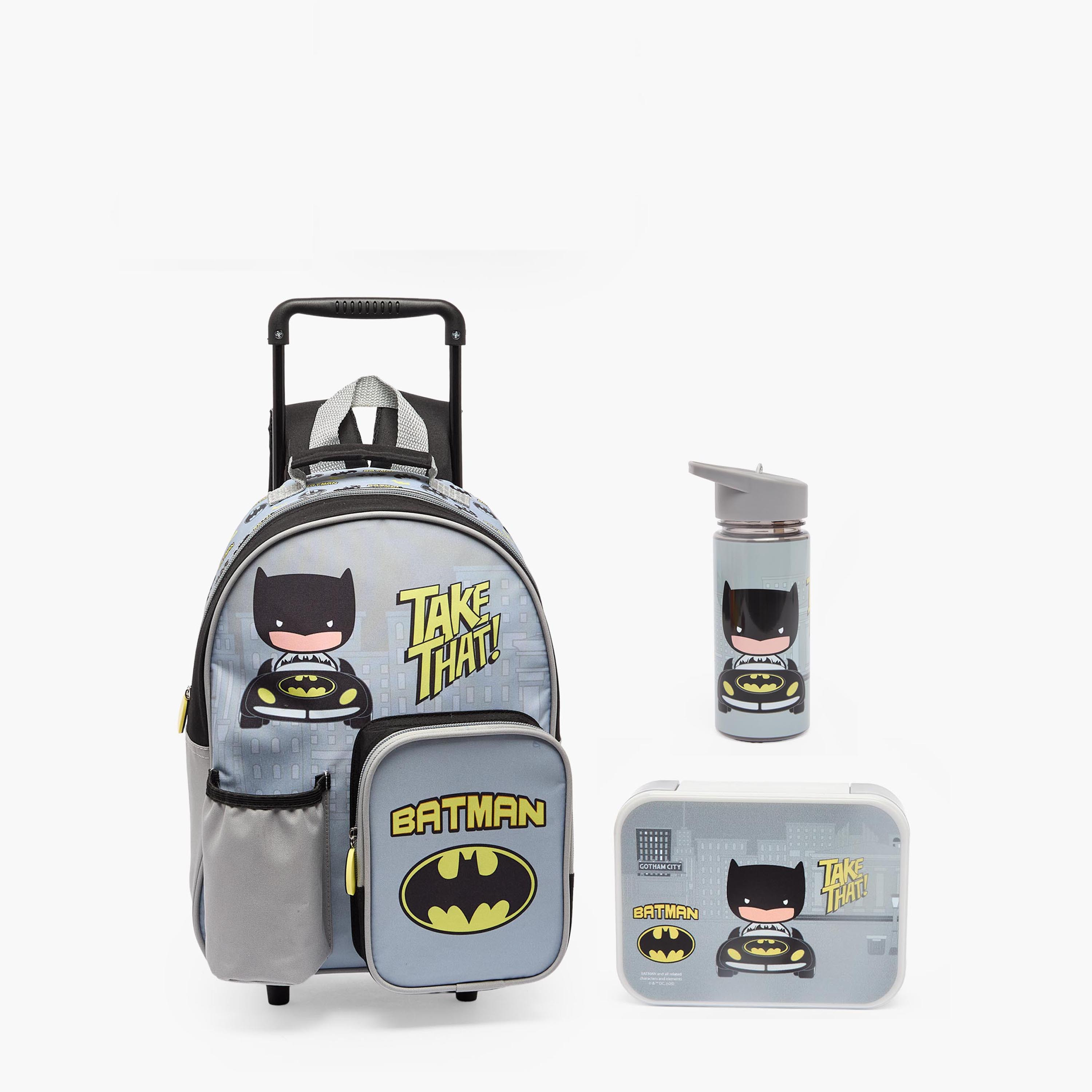 Batman Print 3-Piece School Trolley Bag Set for Boys 3-5 Years with Lunch Box - 14 inches-school-bagsandbackpacks-trolleybags-image-2