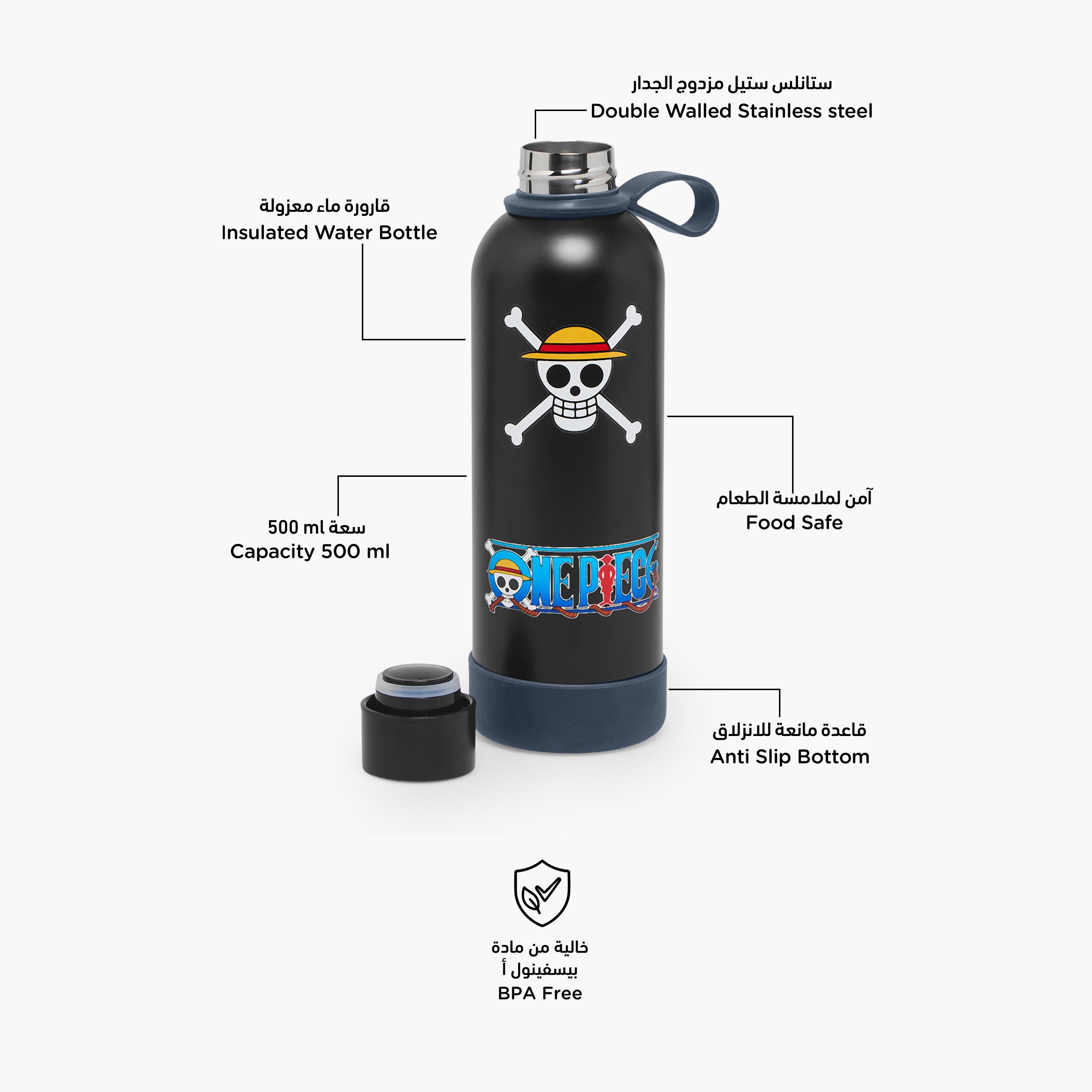 قارورة مياه ستانلس ستيل بفتحة واسعة وطبعات ون بيس ومقبض حلقي-school-waterbottles-image-2