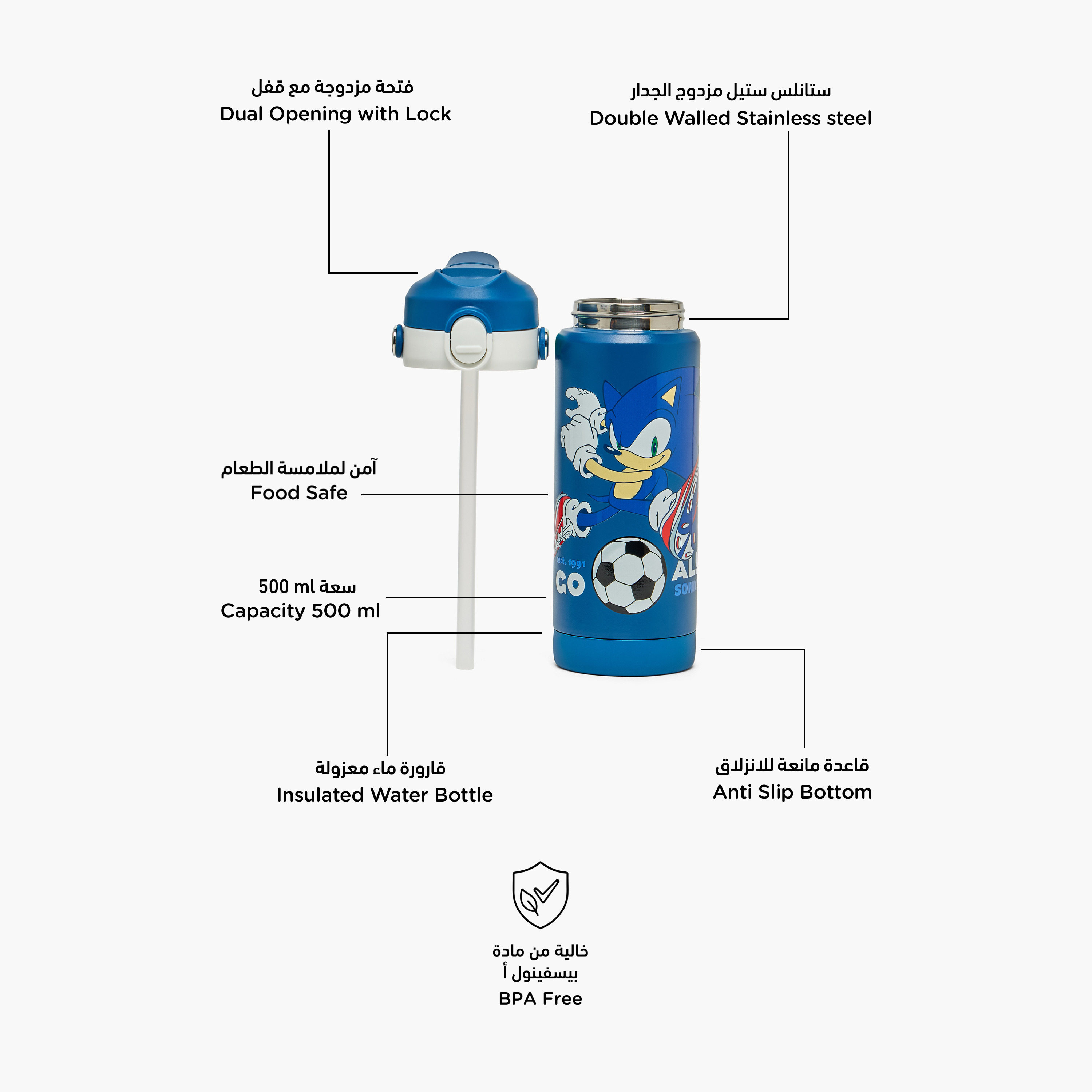 Sonic Printed Stainless Steel Water Bottle with Flip Spout and Handle-school-waterbottles-image-2
