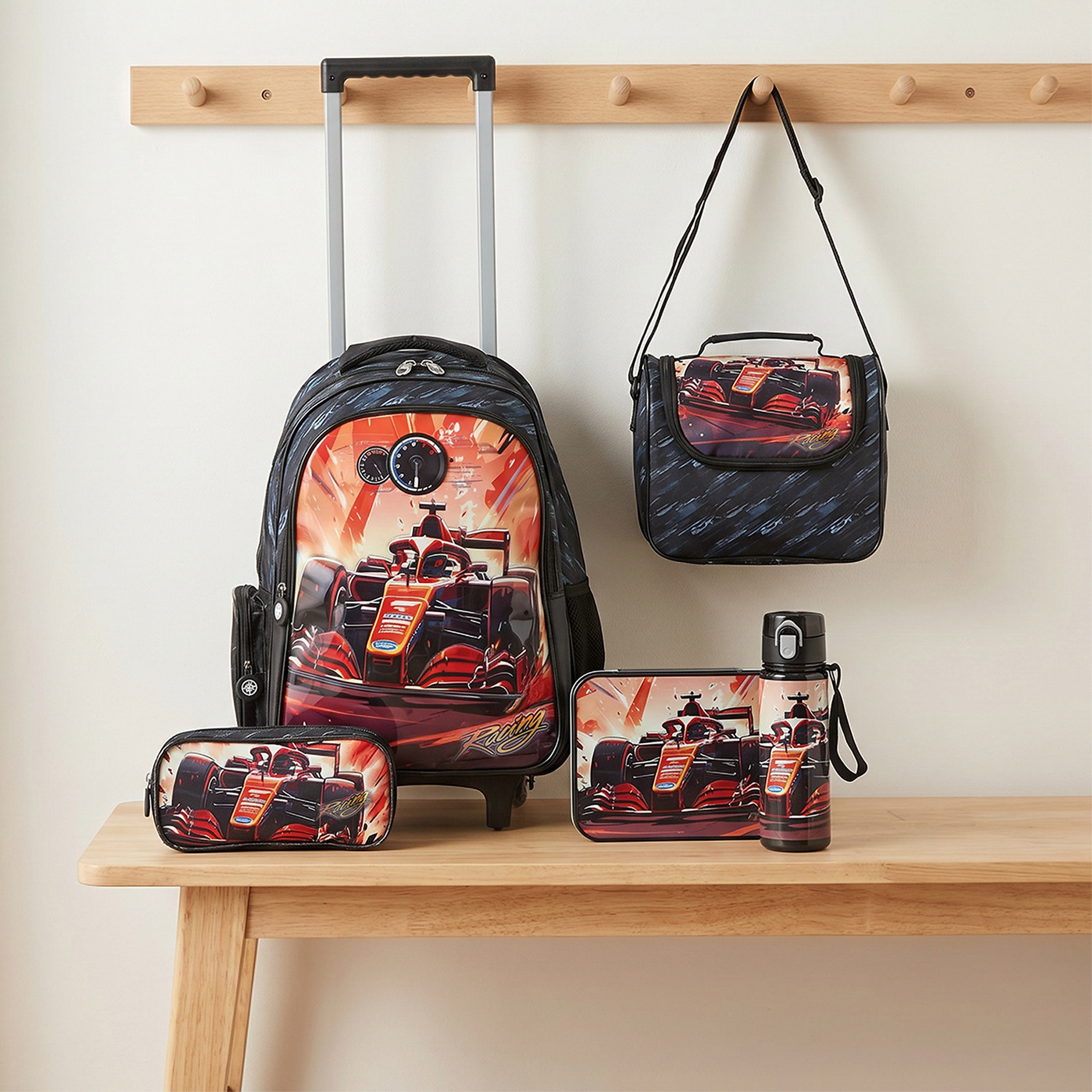 Juniors Car Print 5-Piece School Trolley Bag Set for Boys 5-8 Years with Lunch Bag - 16 inches-school-bagsandbackpacks-trolleybags-image-1