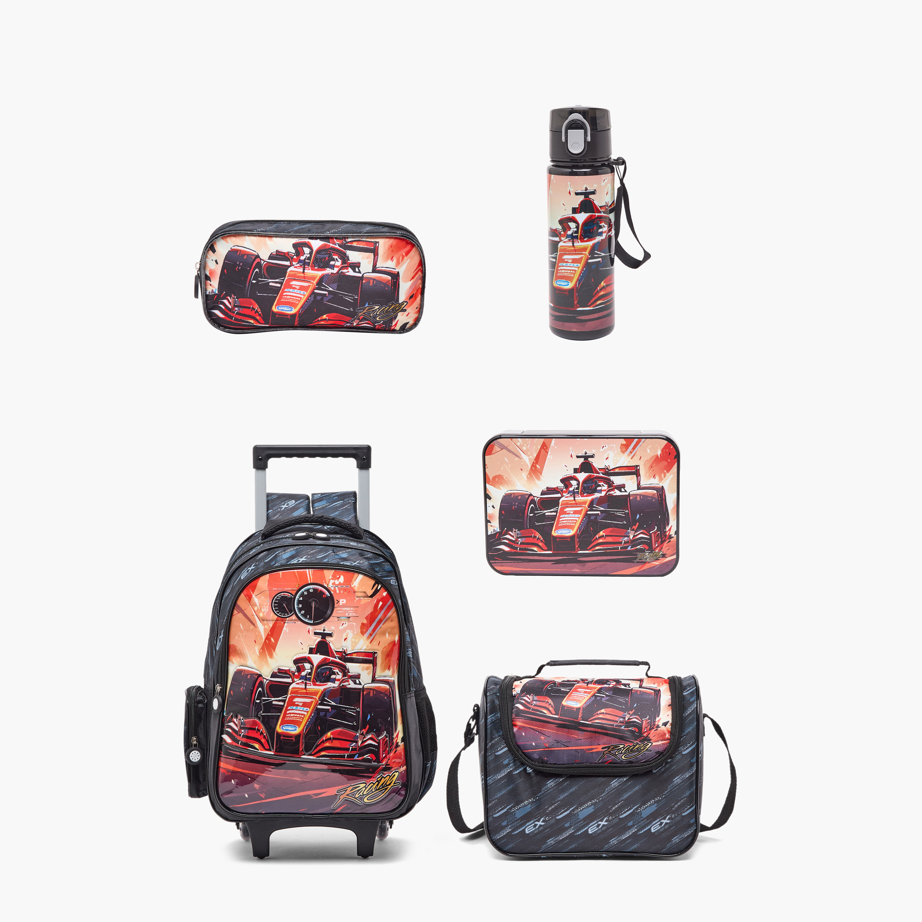 Juniors Car Print 5-Piece School Trolley Bag Set for Boys 5-8 Years with Lunch Bag - 16 inches-school-bagsandbackpacks-trolleybags-image-2