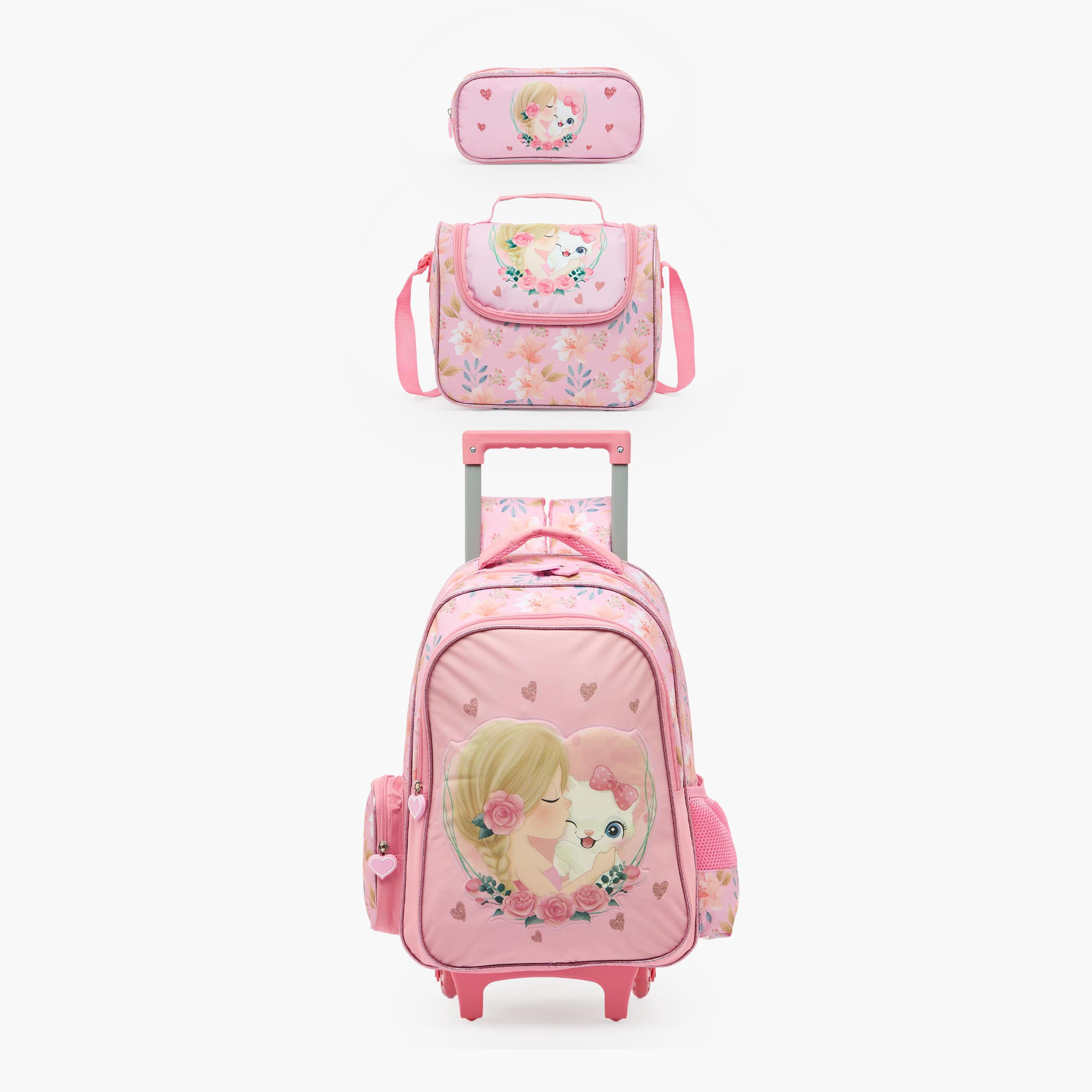 Juniors Cat Print 3-Piece School Trolley Bag Set for Girls 5-8 Years with Lunch Bag - 16 inches-school-bagsandbackpacks-trolleybags-image-1
